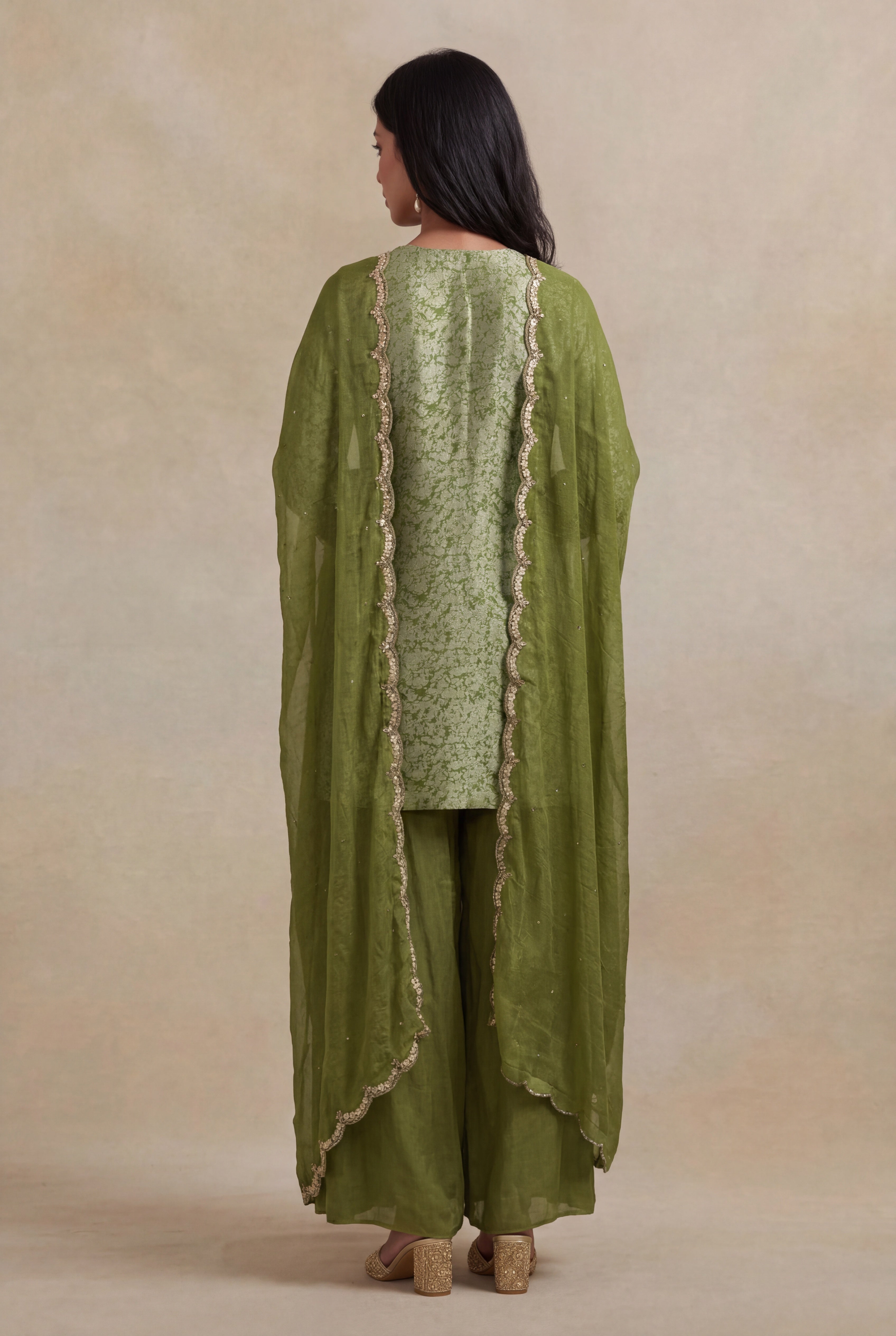 Parrot Green Tissue Short Kurta Sharara Set