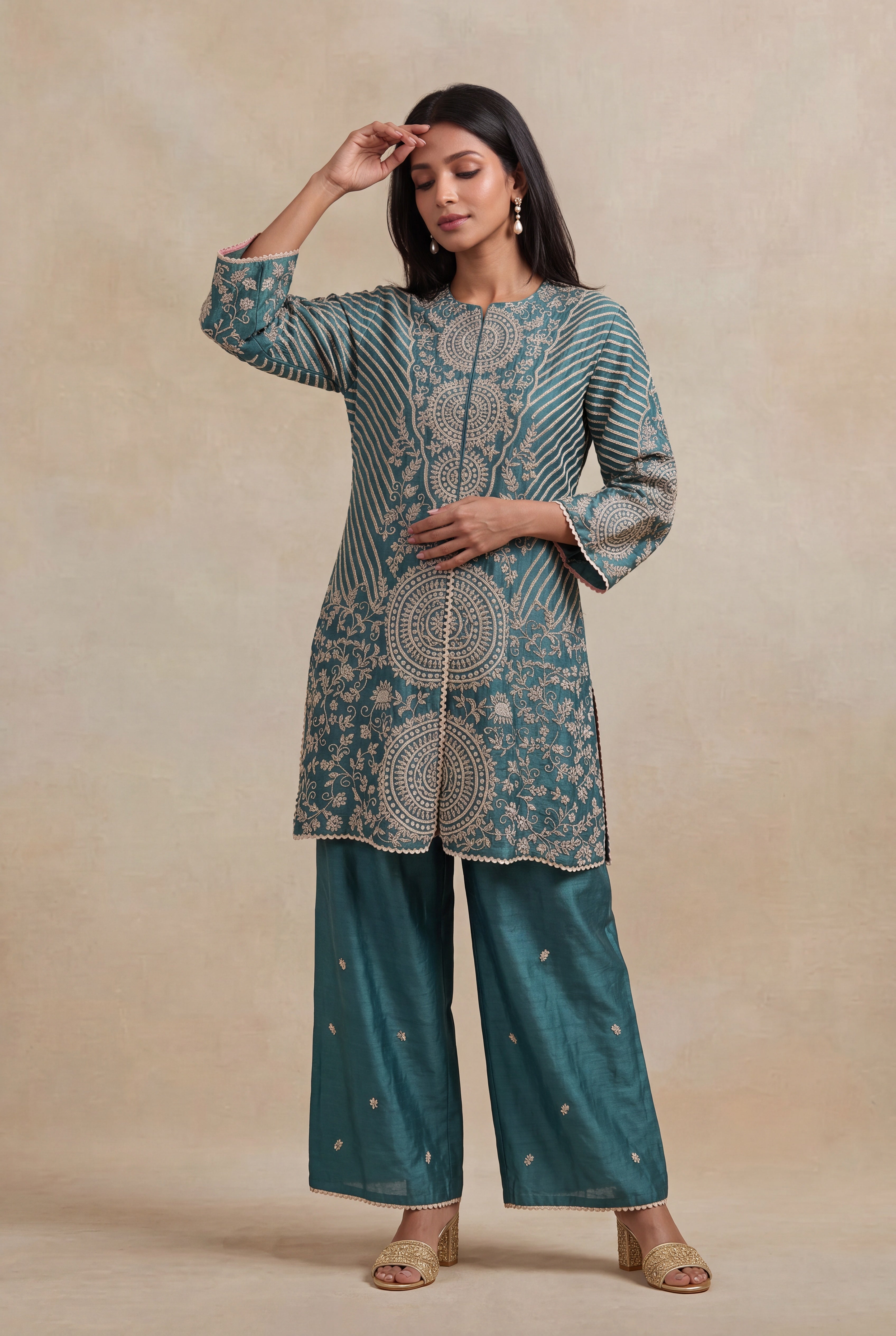 Teal Raw Silk Indo-Western Co-ord Set