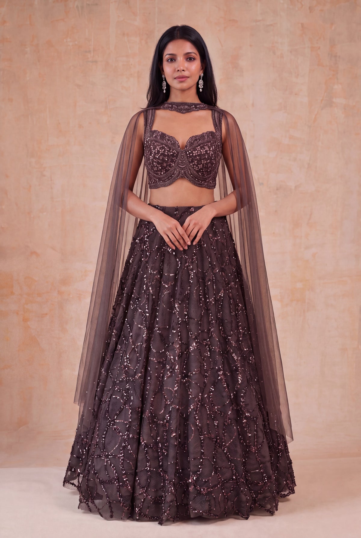 Chocolate Brown Net Lehenga - Mokshaa