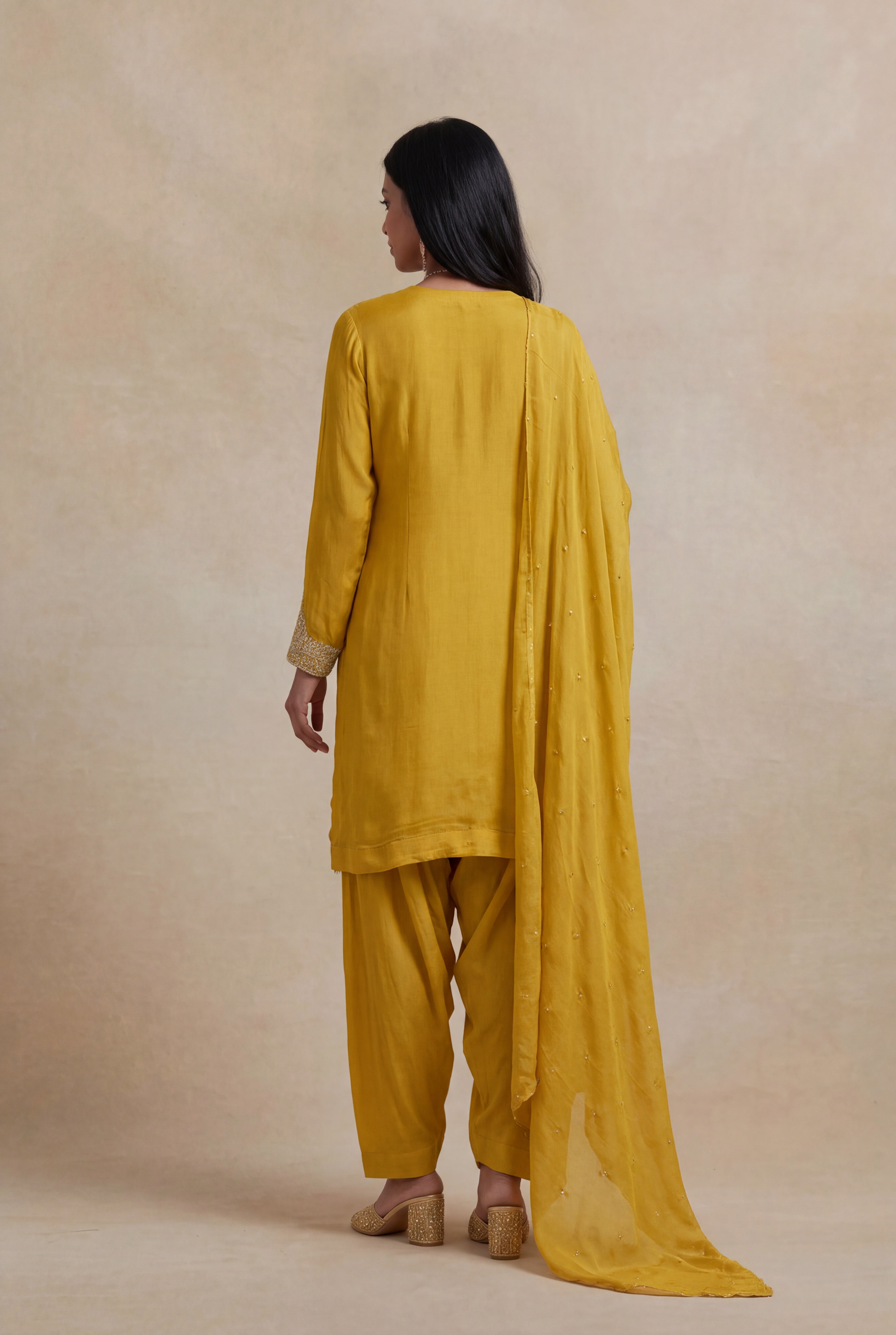 Mustard Yellow Crepe Embroidered Short Top Sharara Set