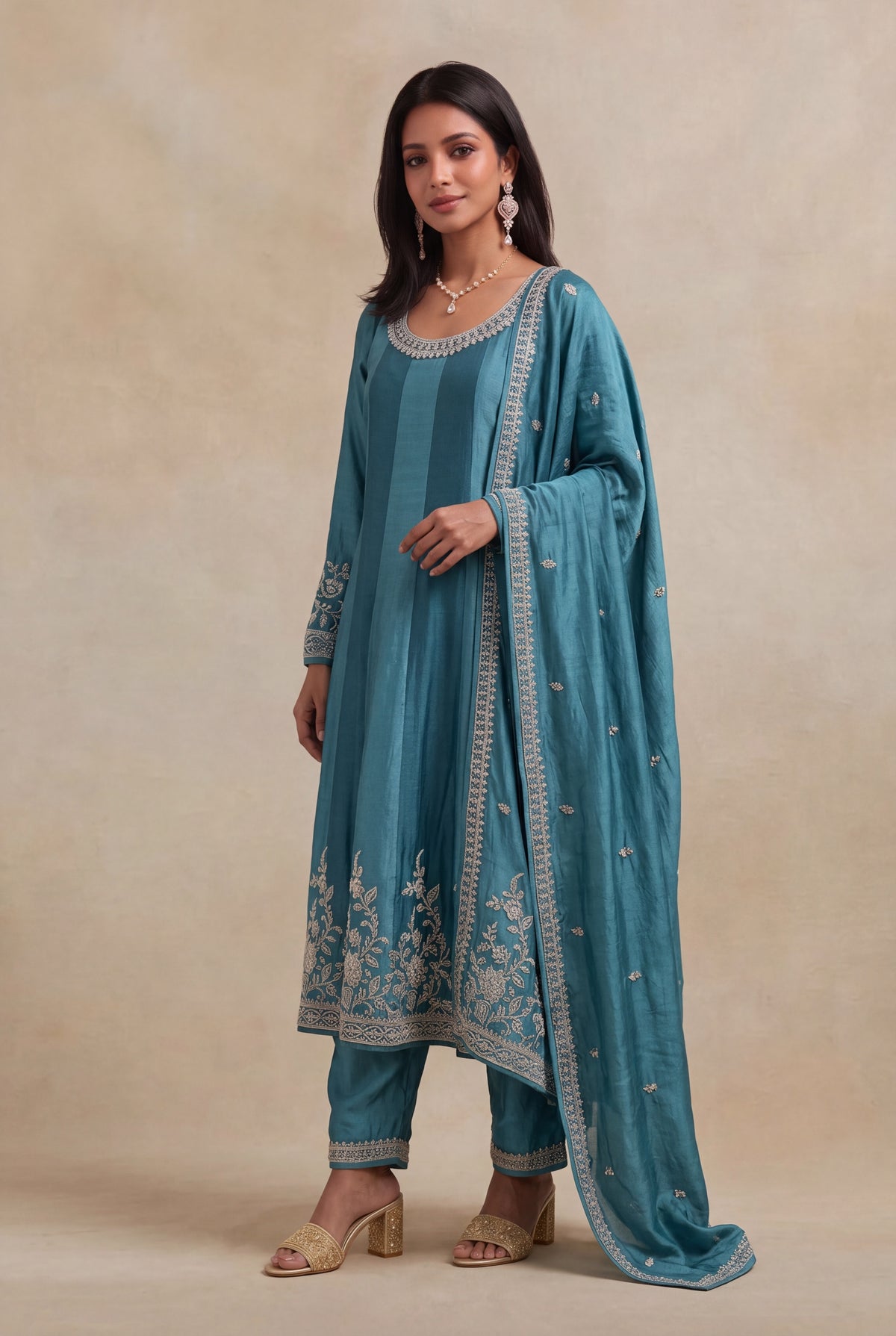 Teal Blue Raw Silk Anarkali Set - Mokshaa