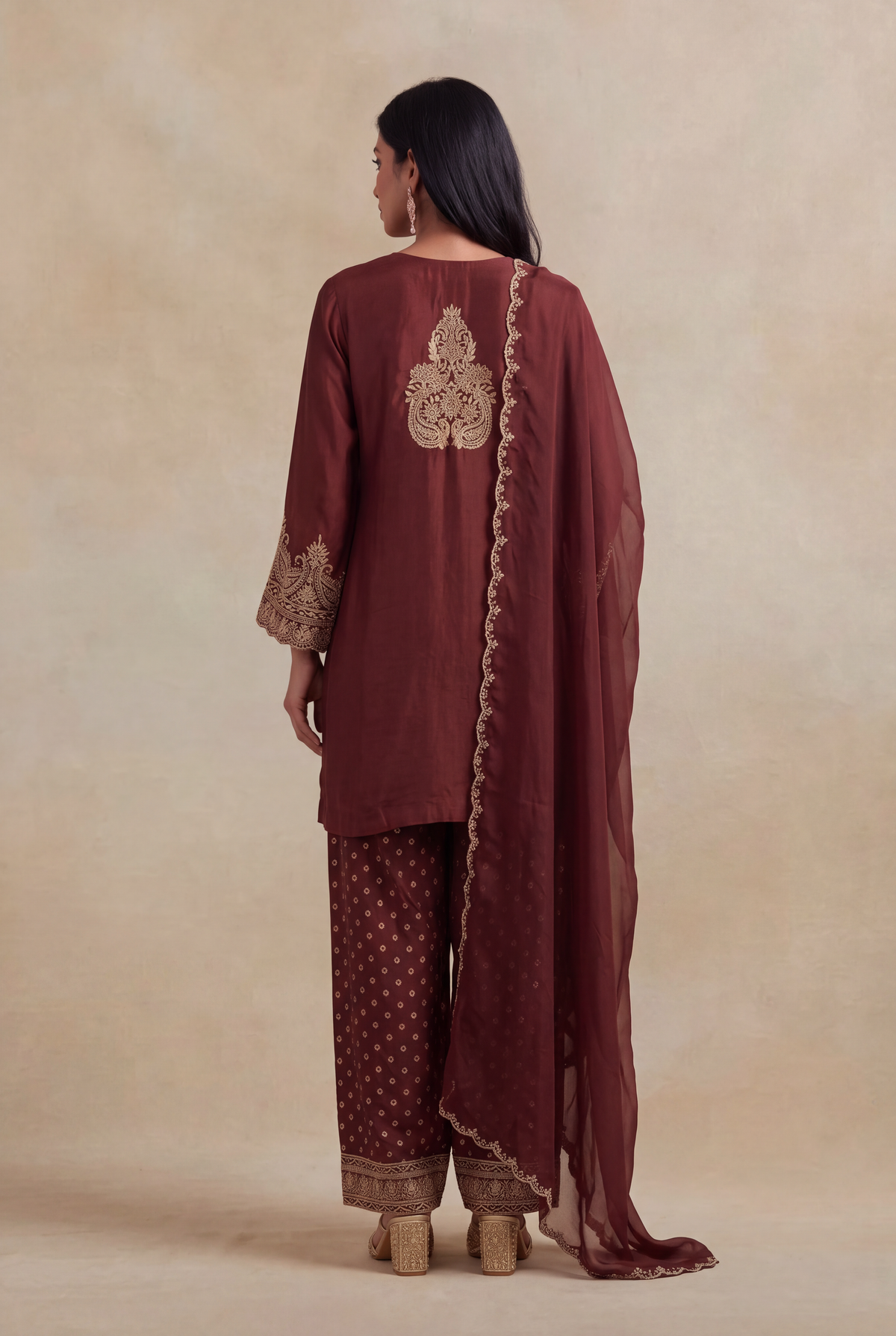 Brown Raw Silk Zardosi Indo-Western Set - Mokshaa