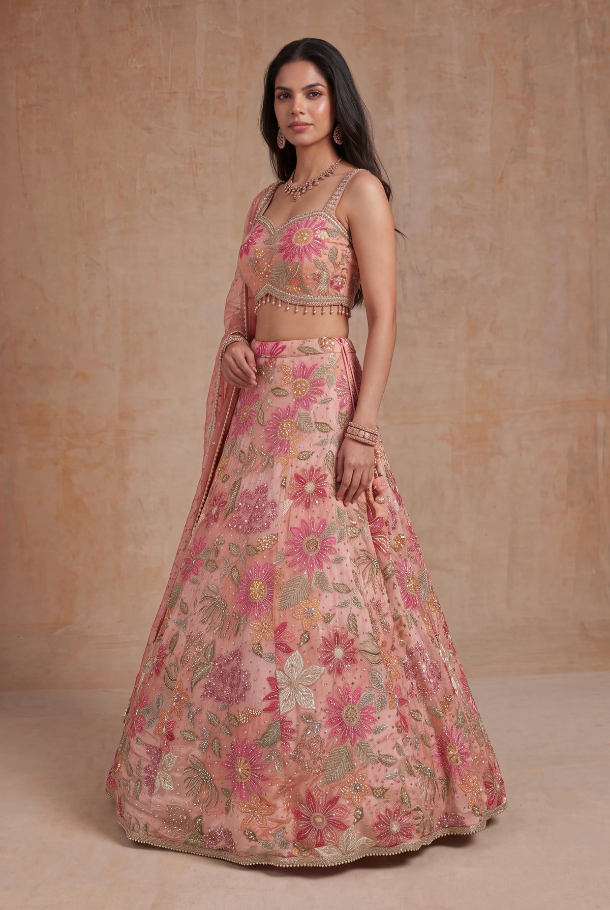 Peach Crepe Silk Lehenga - Mokshaa