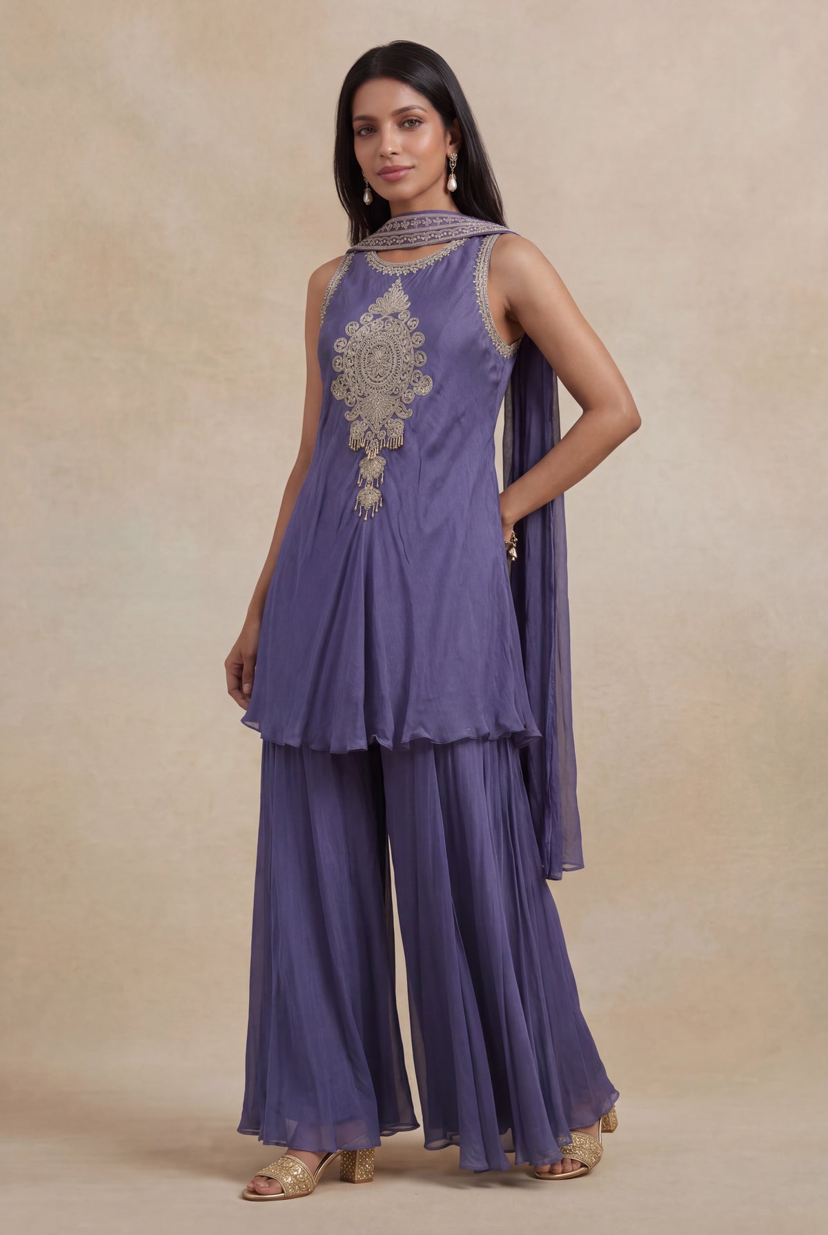 Slate Violet Chinon Katdana & Sequin Indo Western Set - Mokshaa