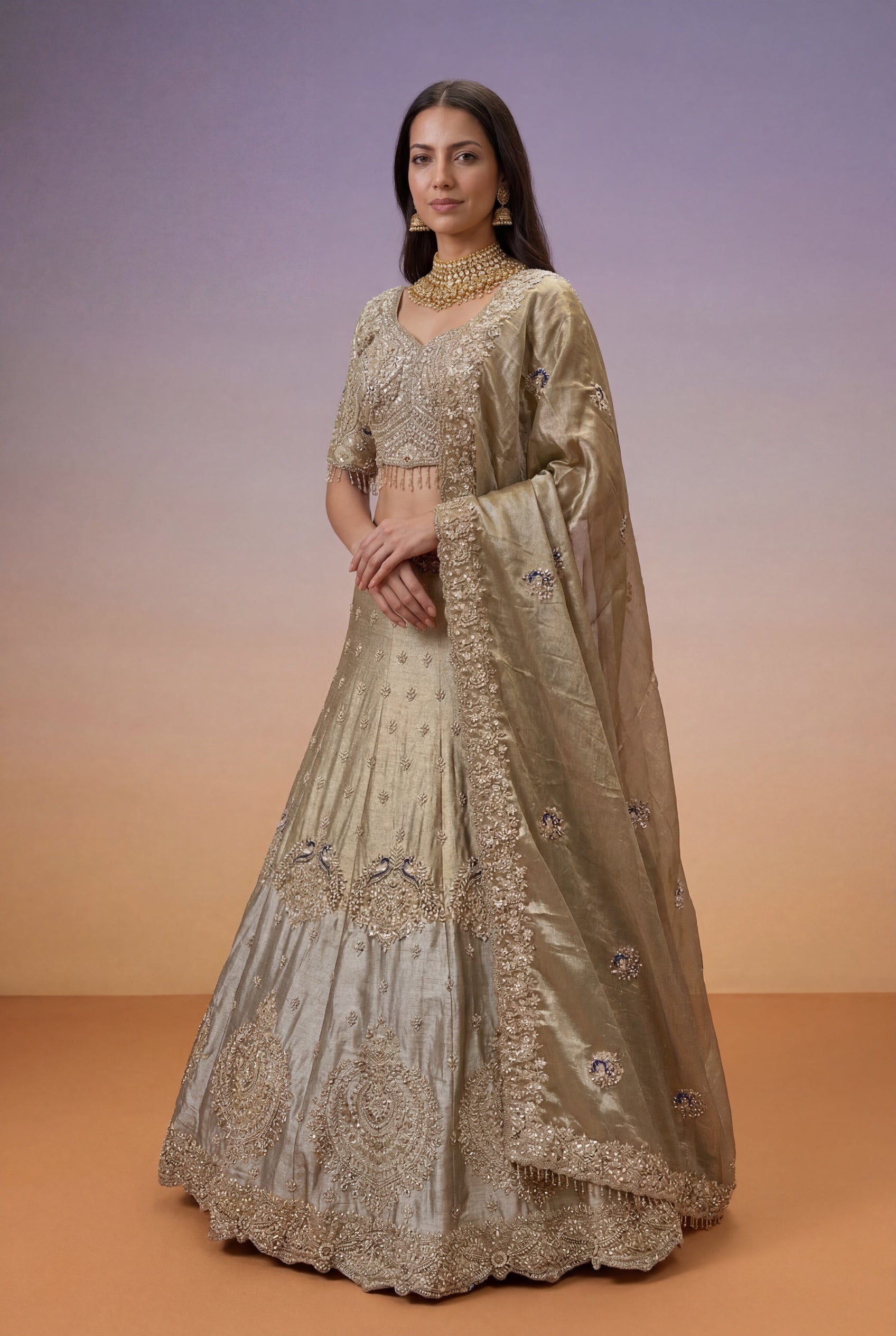 Champagne Tissue Bridal Lehenga