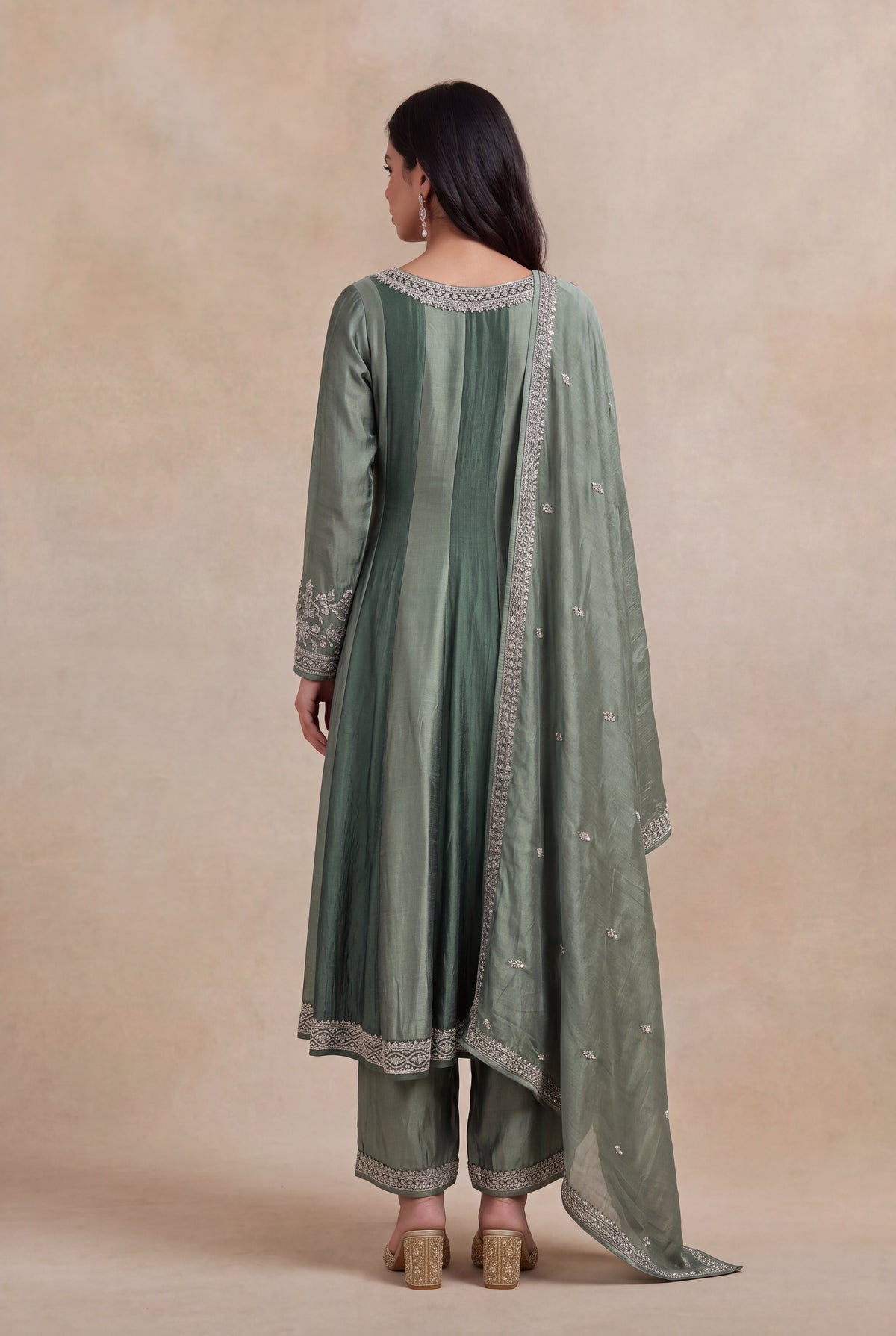 Sage Green Raw Silk Anarkali Set - Mokshaa