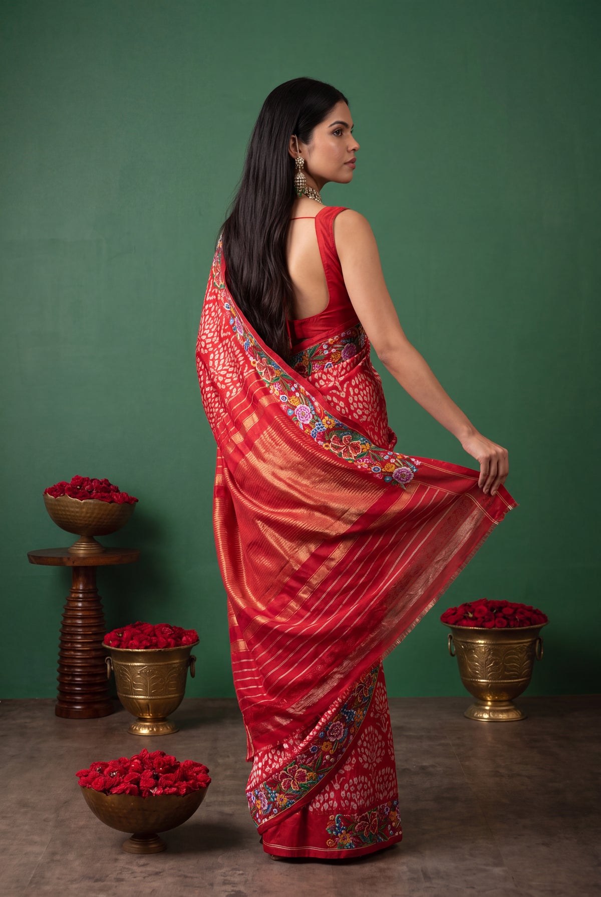 Red Ikat Silk Saree with Petit Point Border - Mokshaa