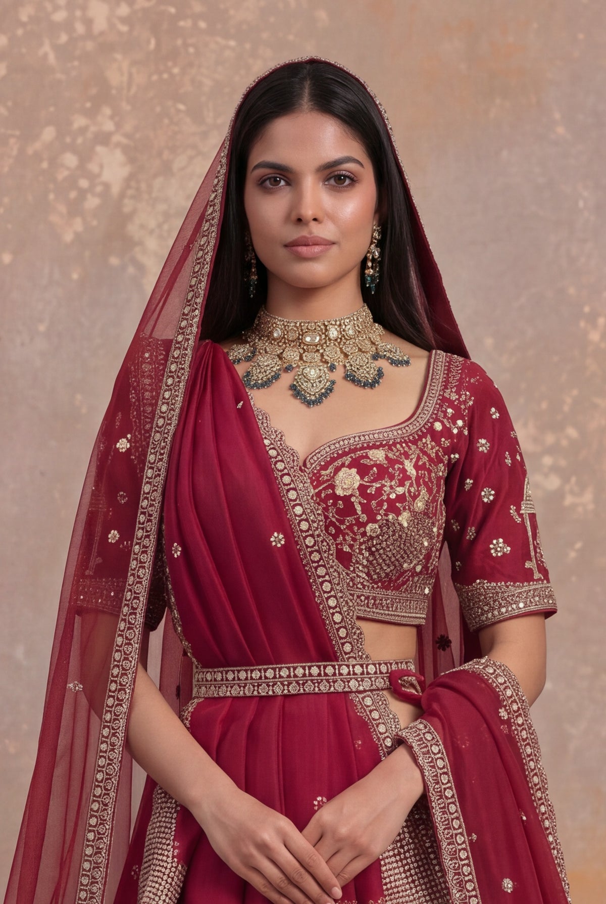 Maroon Raw Silk Lehenga Set with Thread and Cutdana Work - Mokshaa