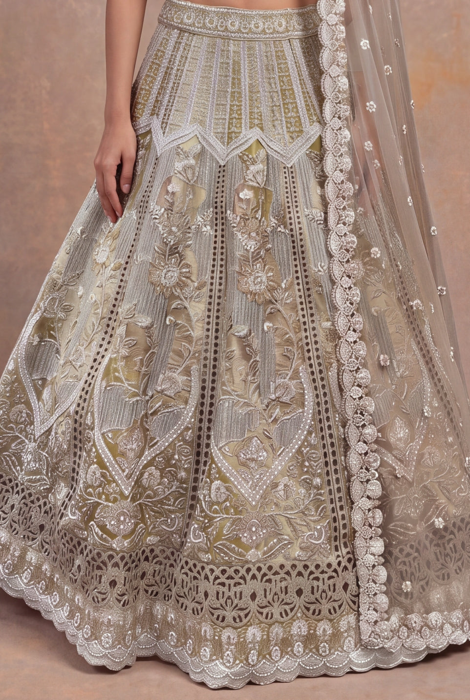 Shimmer Tissue Cutwork Lehenga - Mokshaa