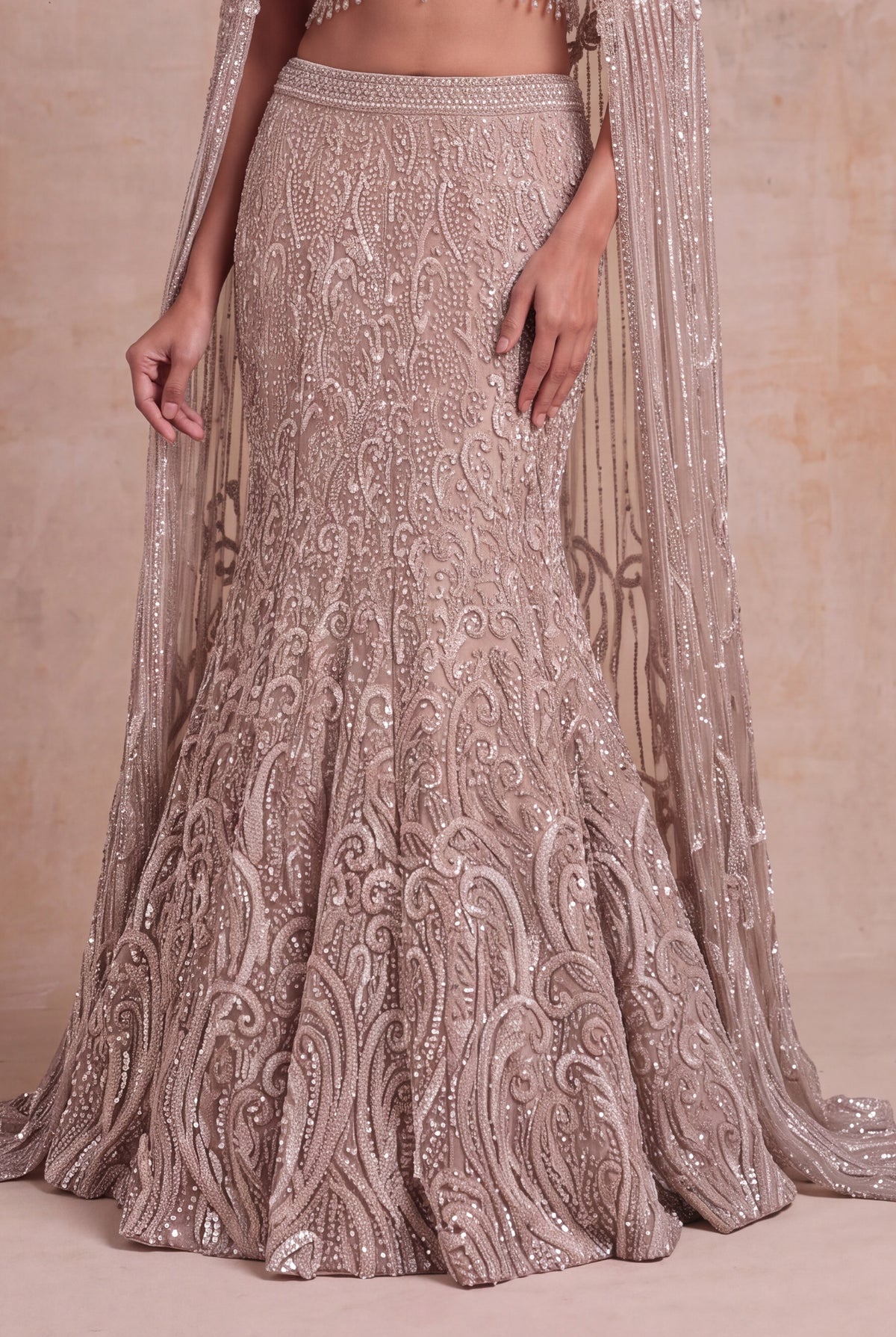Taupe Net Fish-Cut Lehenga - Mokshaa