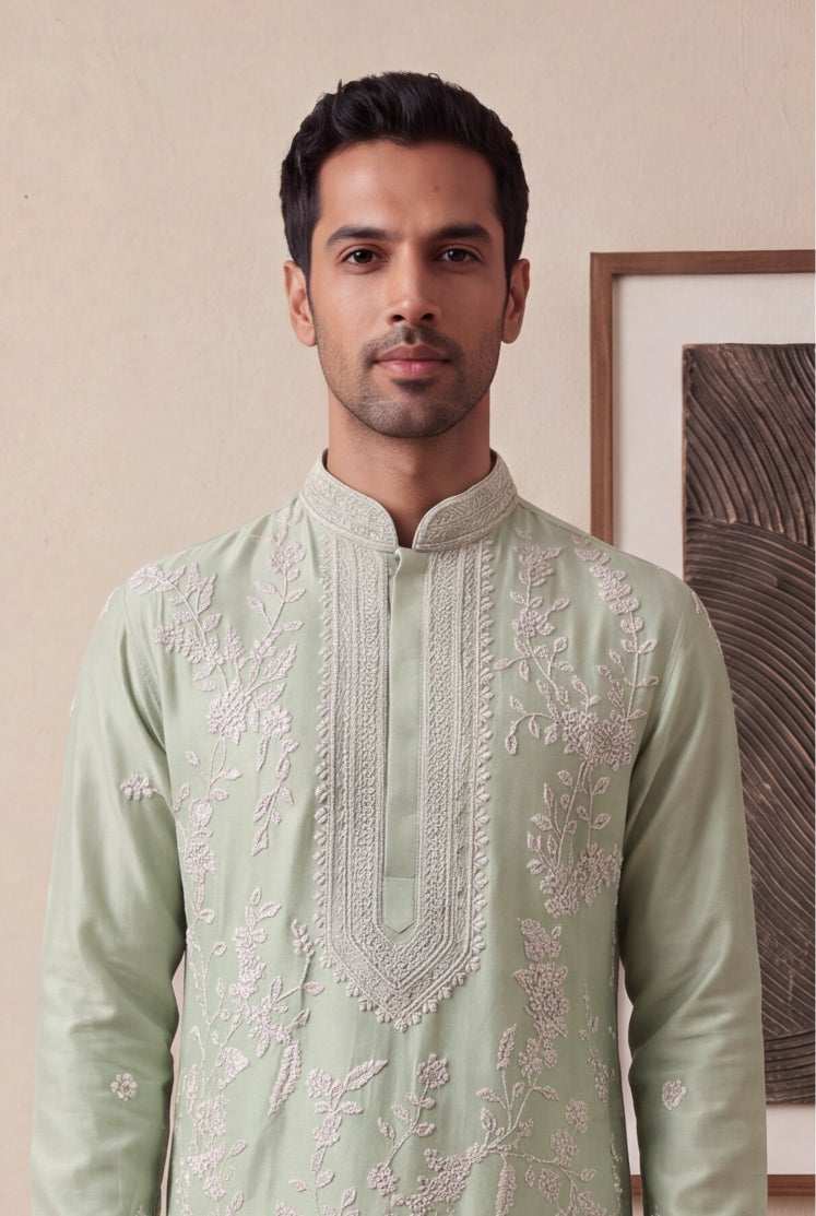 Sage Green Raw Silk Kurta Pant Set - Mokshaa
