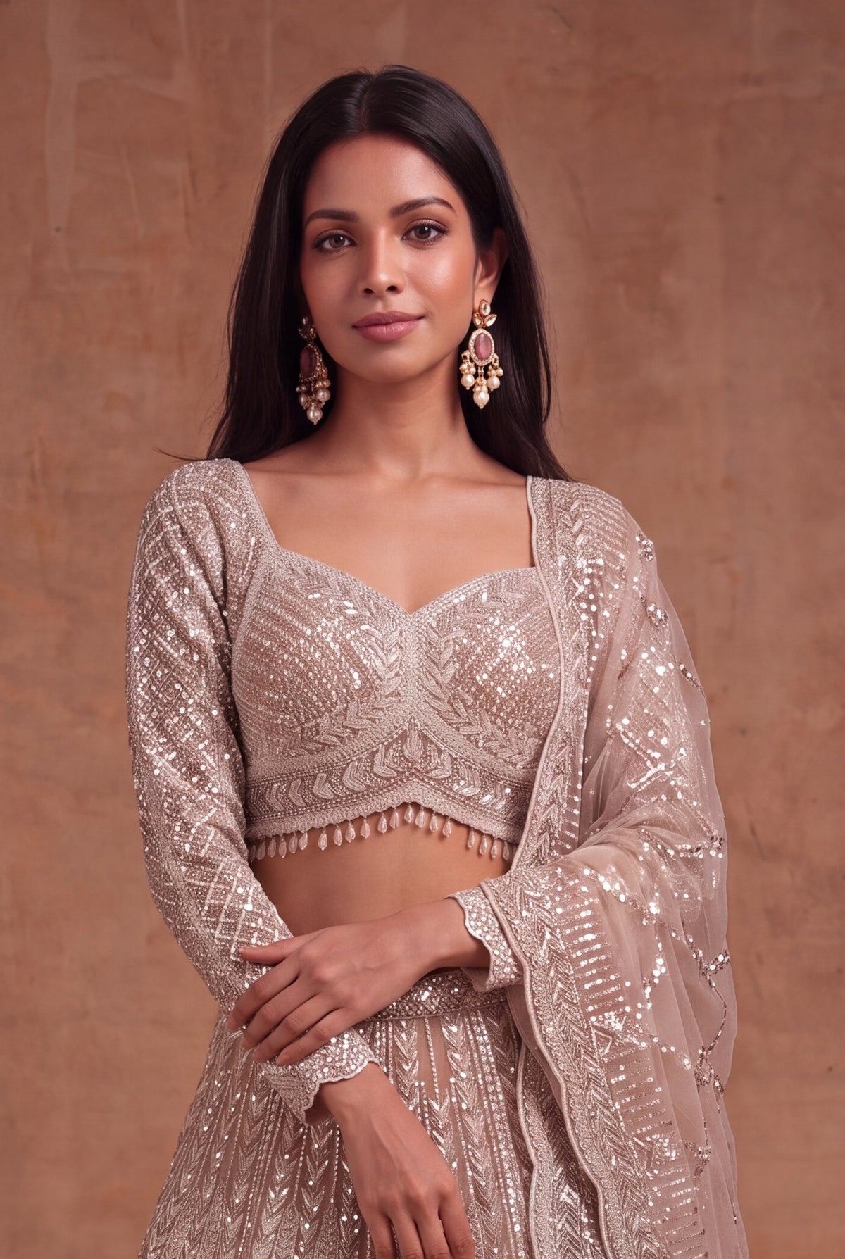Champagne Net Lehenga - Mokshaa