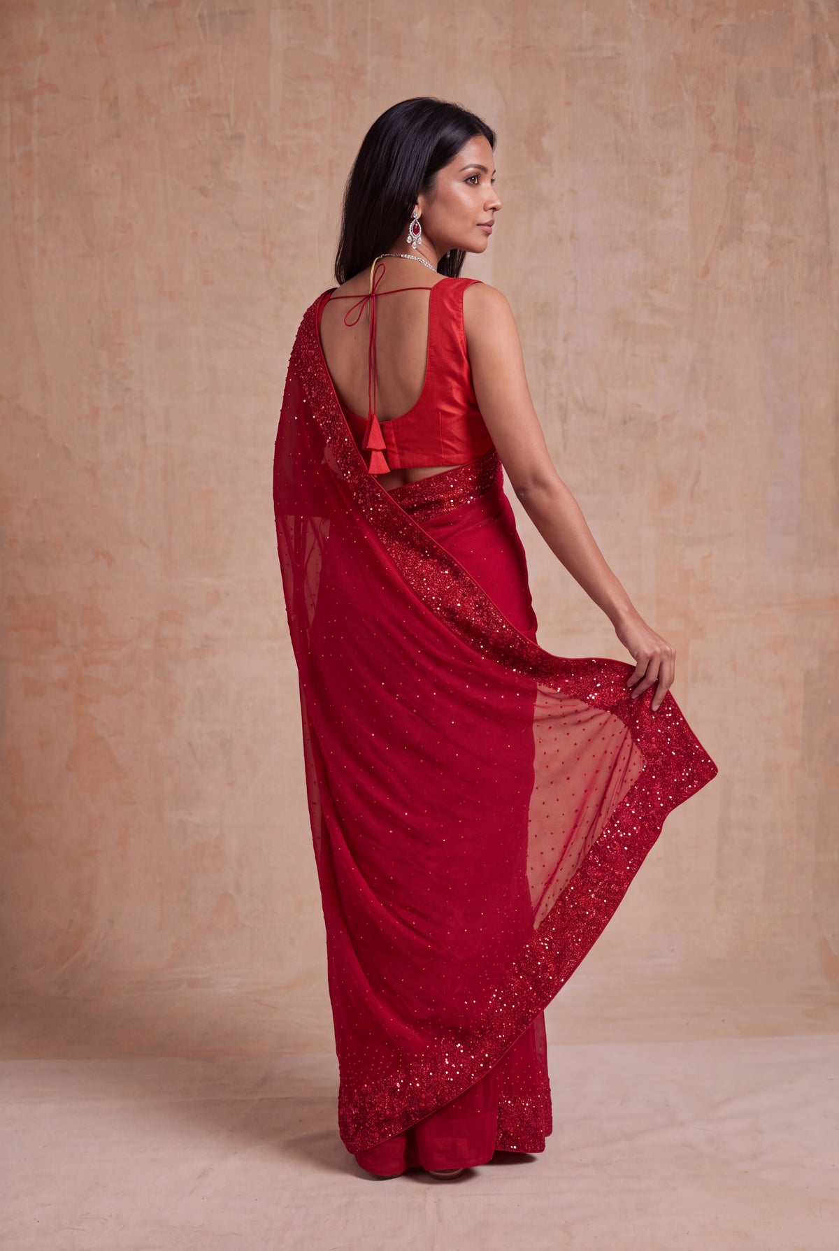 Red Crepe Saree with Sequin Work Border - Mokshaa