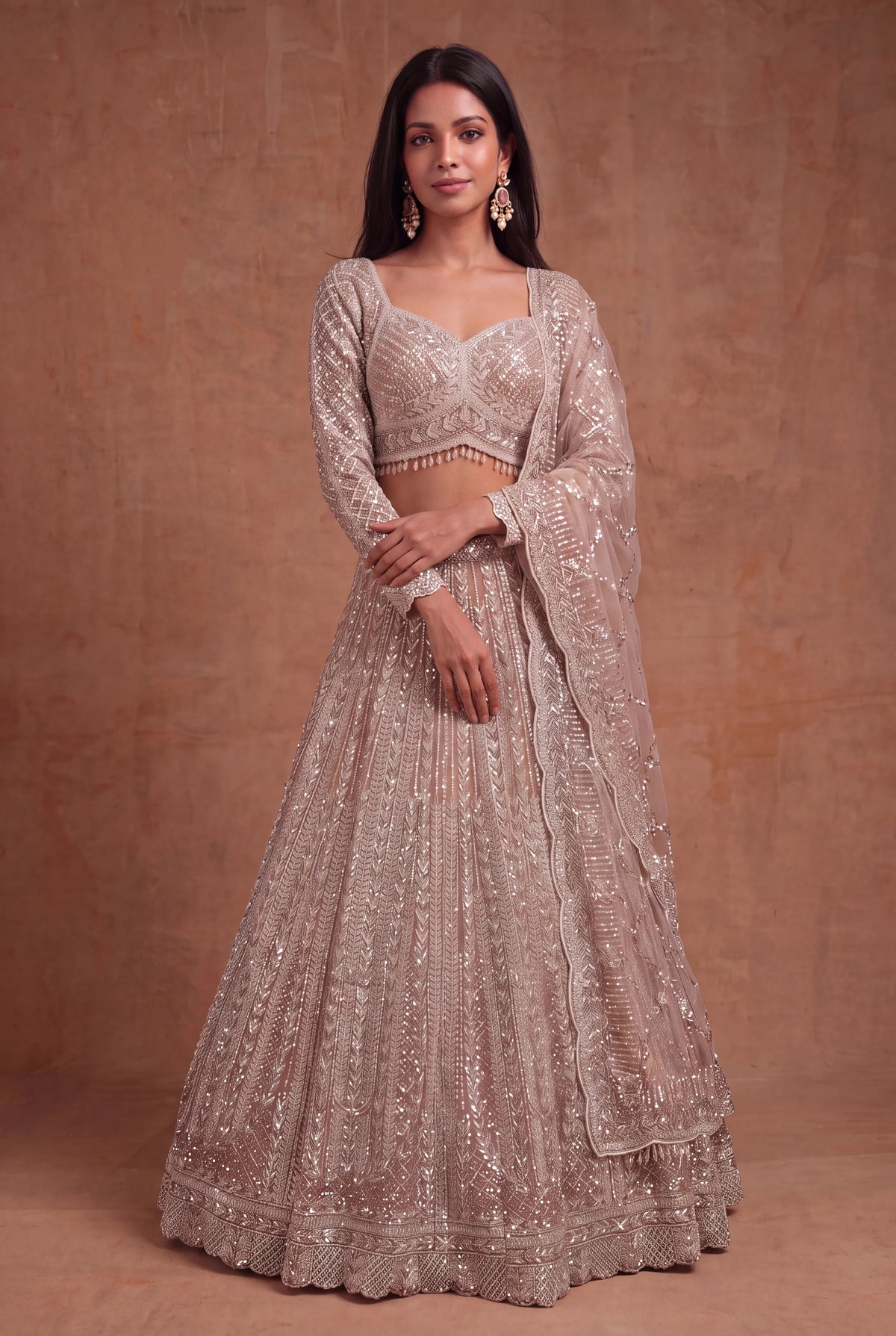 Champagne Net Lehenga - Mokshaa