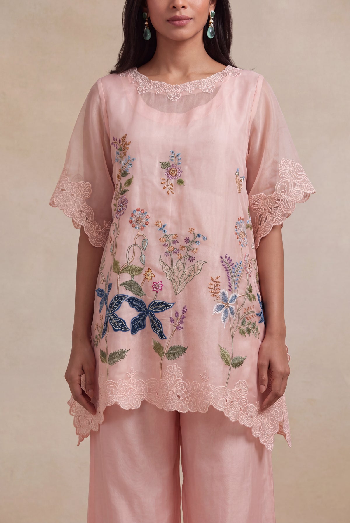 Blush Pink Organza Kaftan with Floral Thread Embroidery - Mokshaa