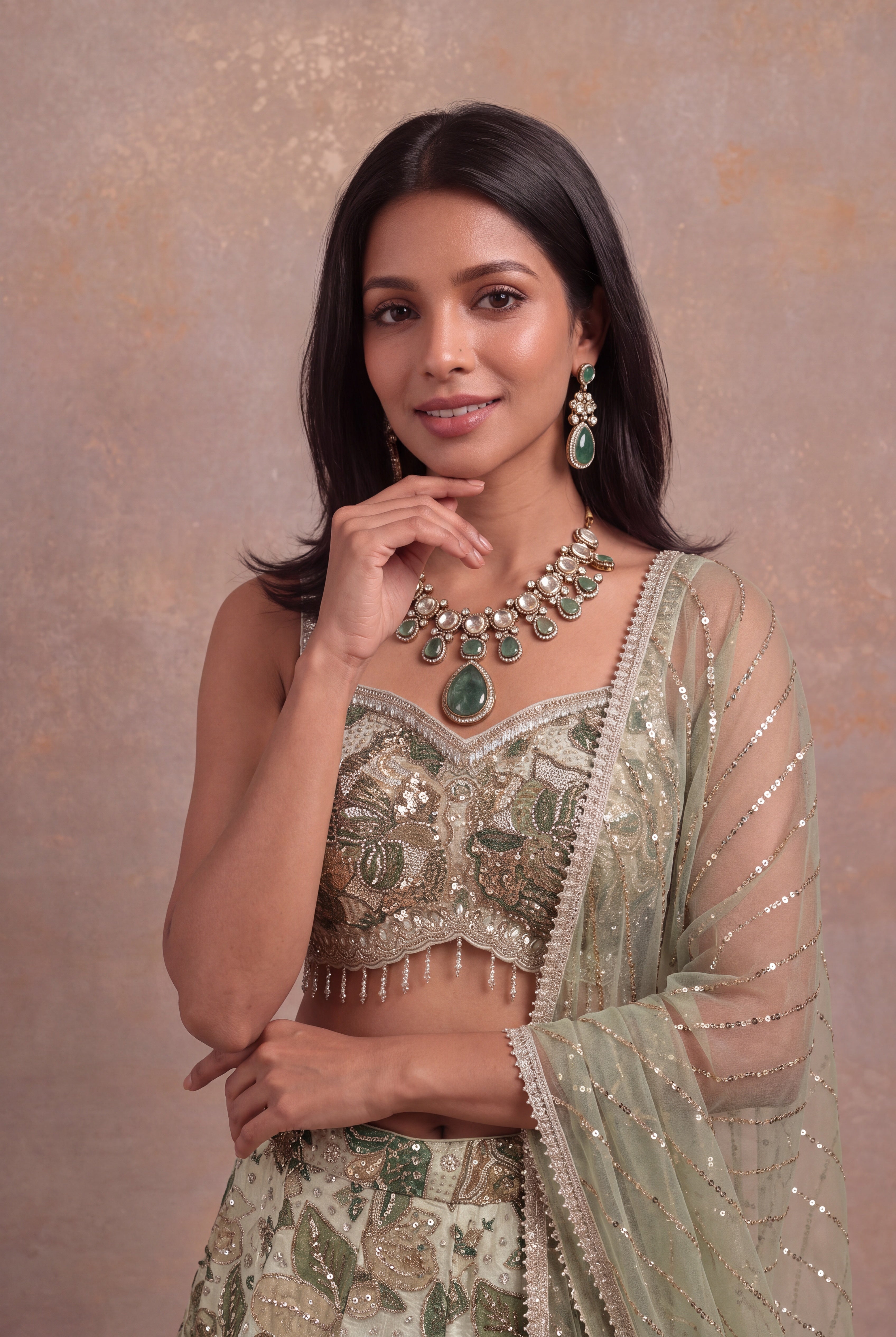 Pistachio Green Crepe Lehenga with Zari, Sequin & Stone Floral Embroidery