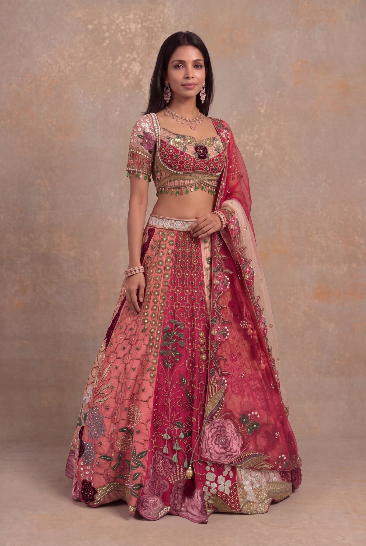 Multicolour Pink Raw Silk Embroidered Lehenga - Mokshaa