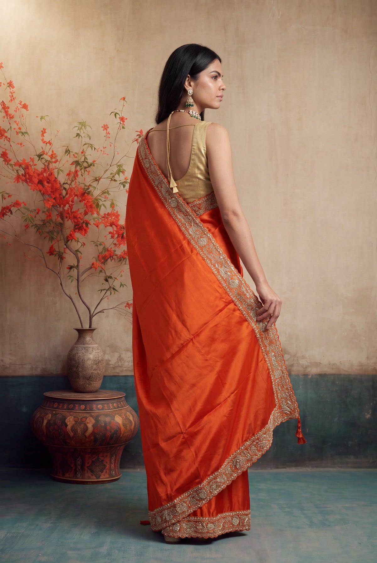 Orange Satin Silk Saree - Mokshaa