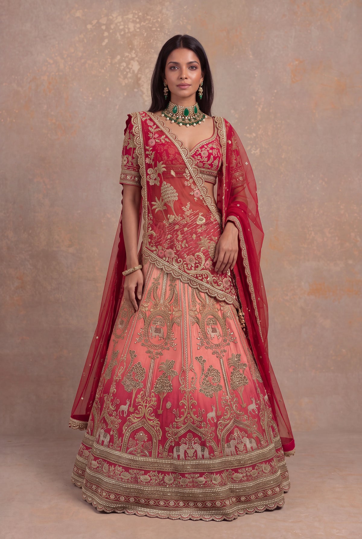 Red & Peach Silk Bridal Lehenga - Mokshaa