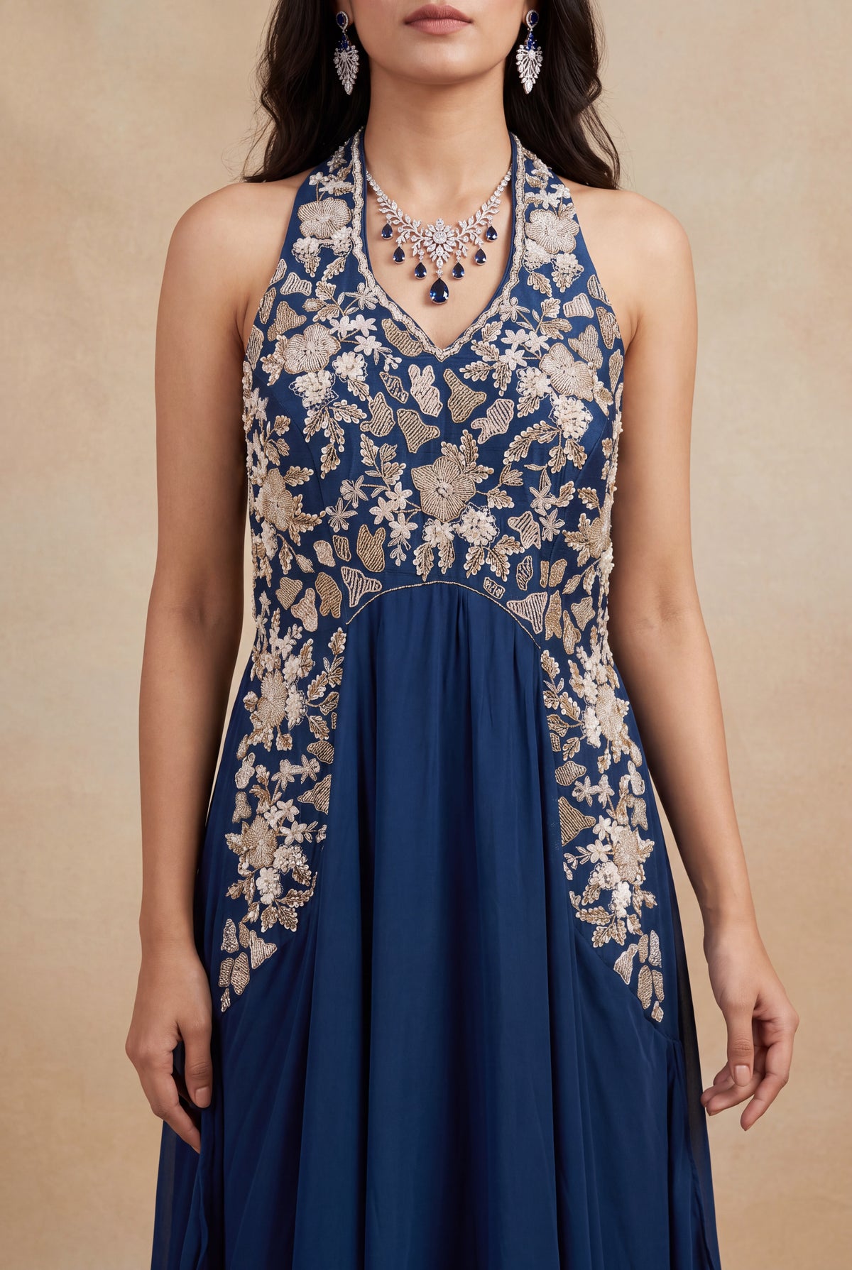 Navy Blue Satin Silk Gown - Mokshaa