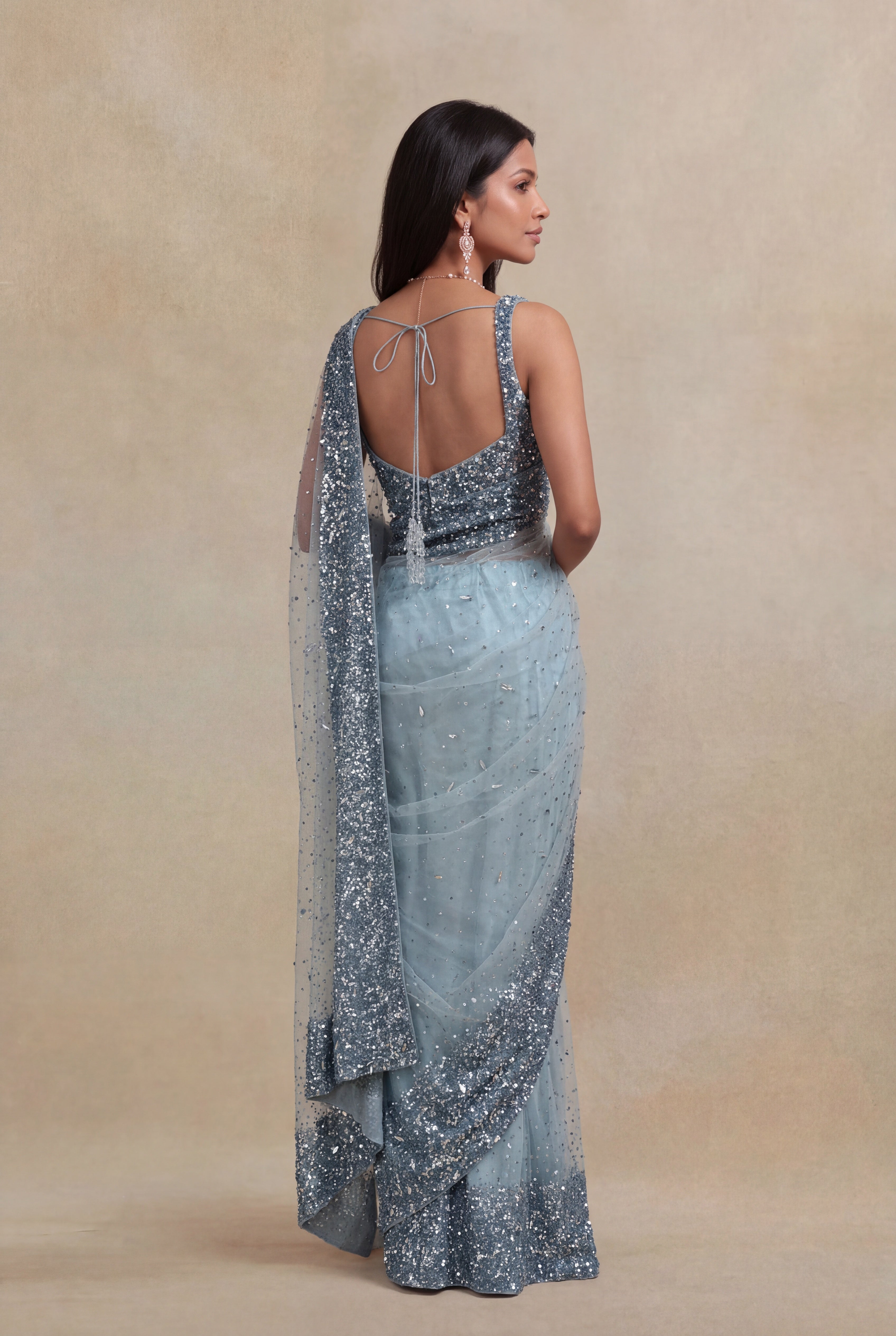 Ice Blue Net Sequins Saree