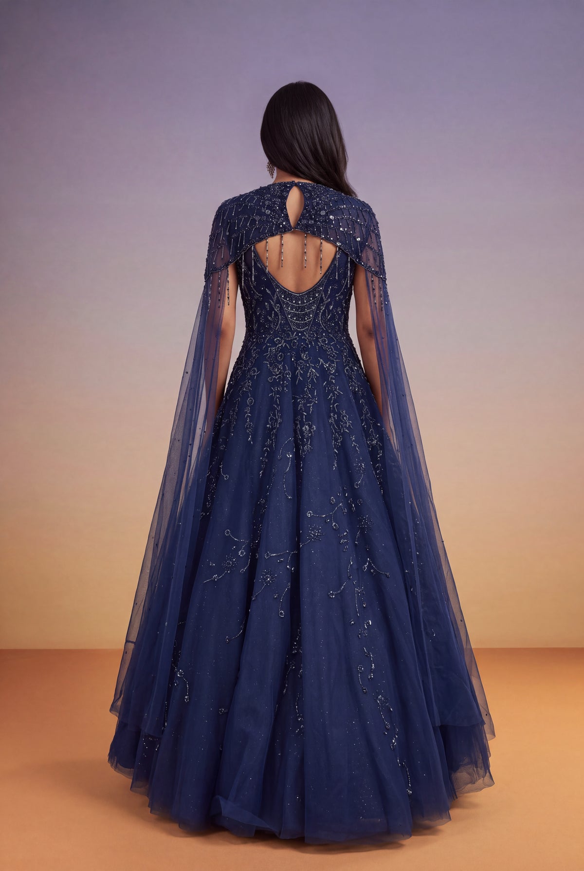 Navy Blue Katdana & Sequin Net Gown with Cape - Mokshaa