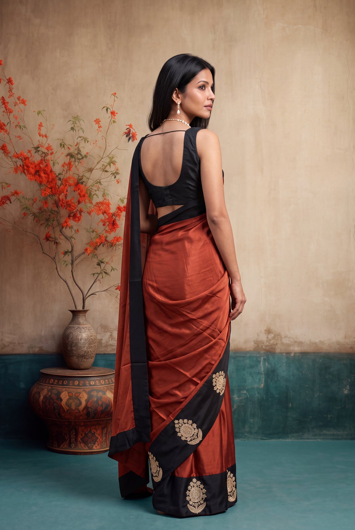 Rust Orange Crepe Silk Saree - Mokshaa