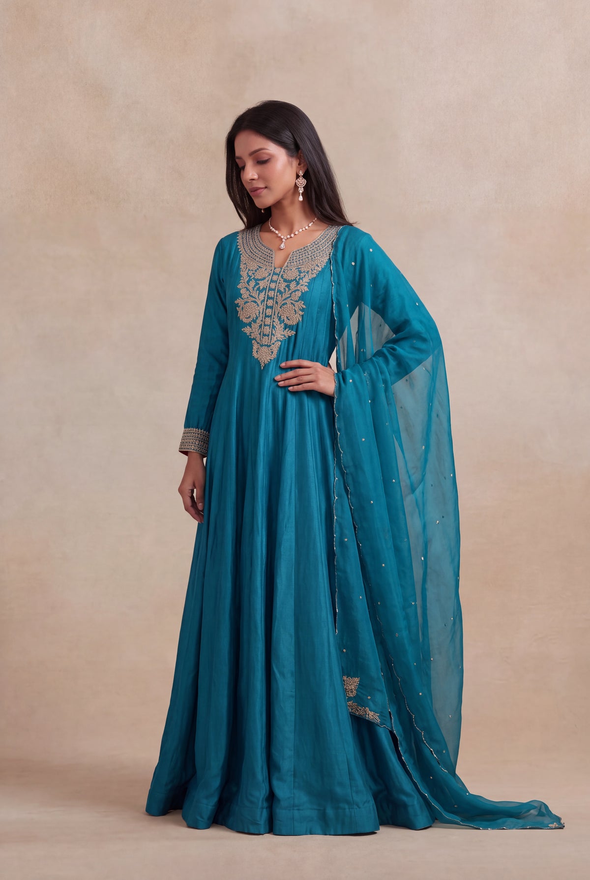 Teal Blue Chinon Silk Anarkali - Mokshaa