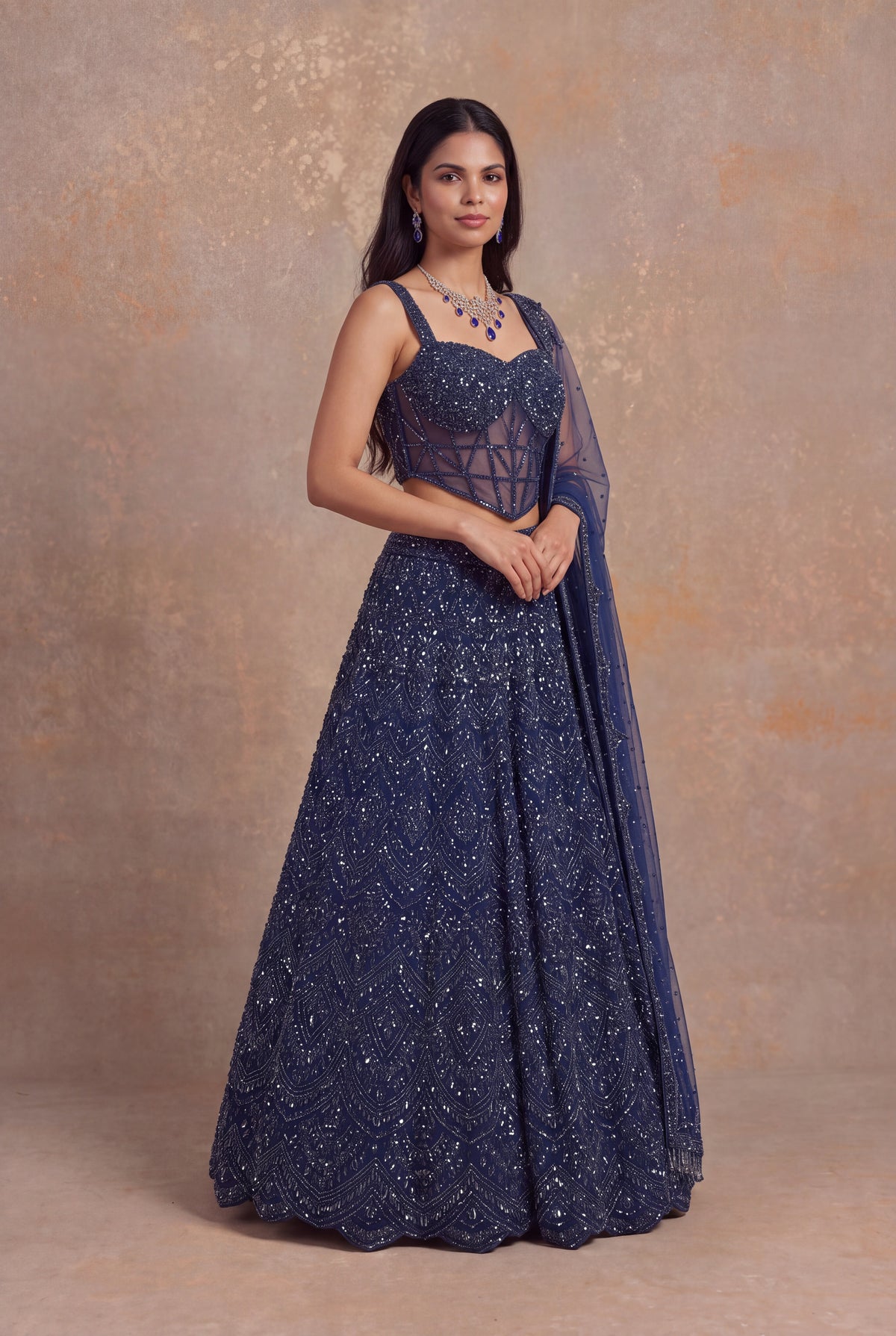 Navy Blue Net Corset Lehenga - Mokshaa