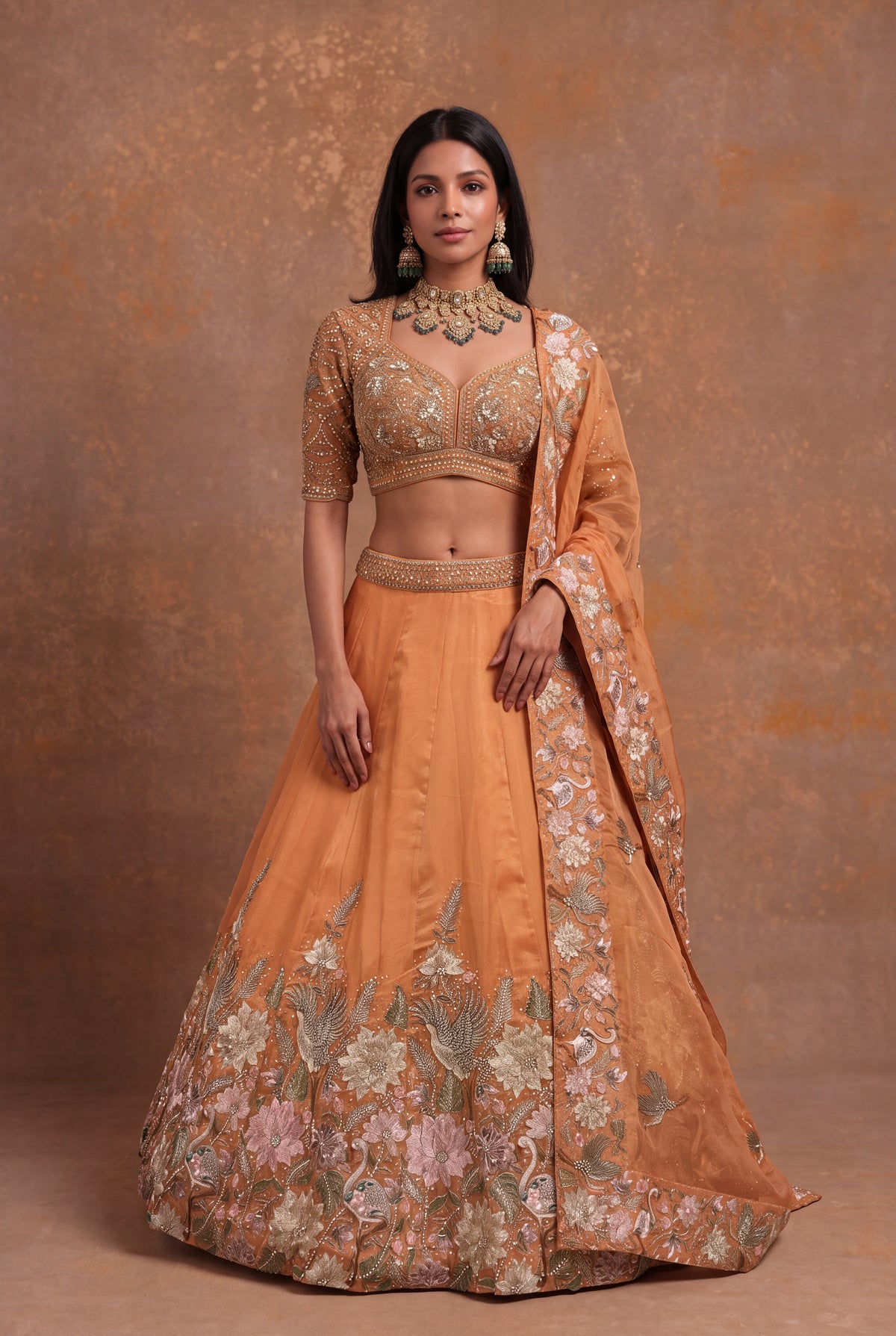 Light Orange Organza Tissue Floral Embroidered Lehenga - Mokshaa