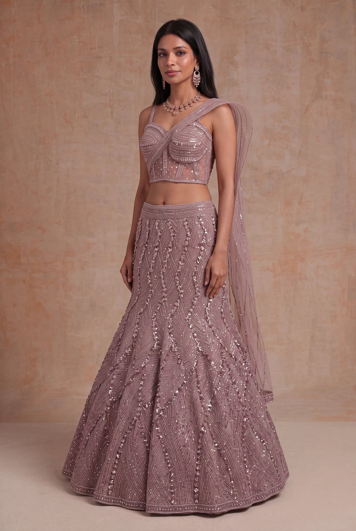 Onion Pink Embellished Fish Cut Lehenga