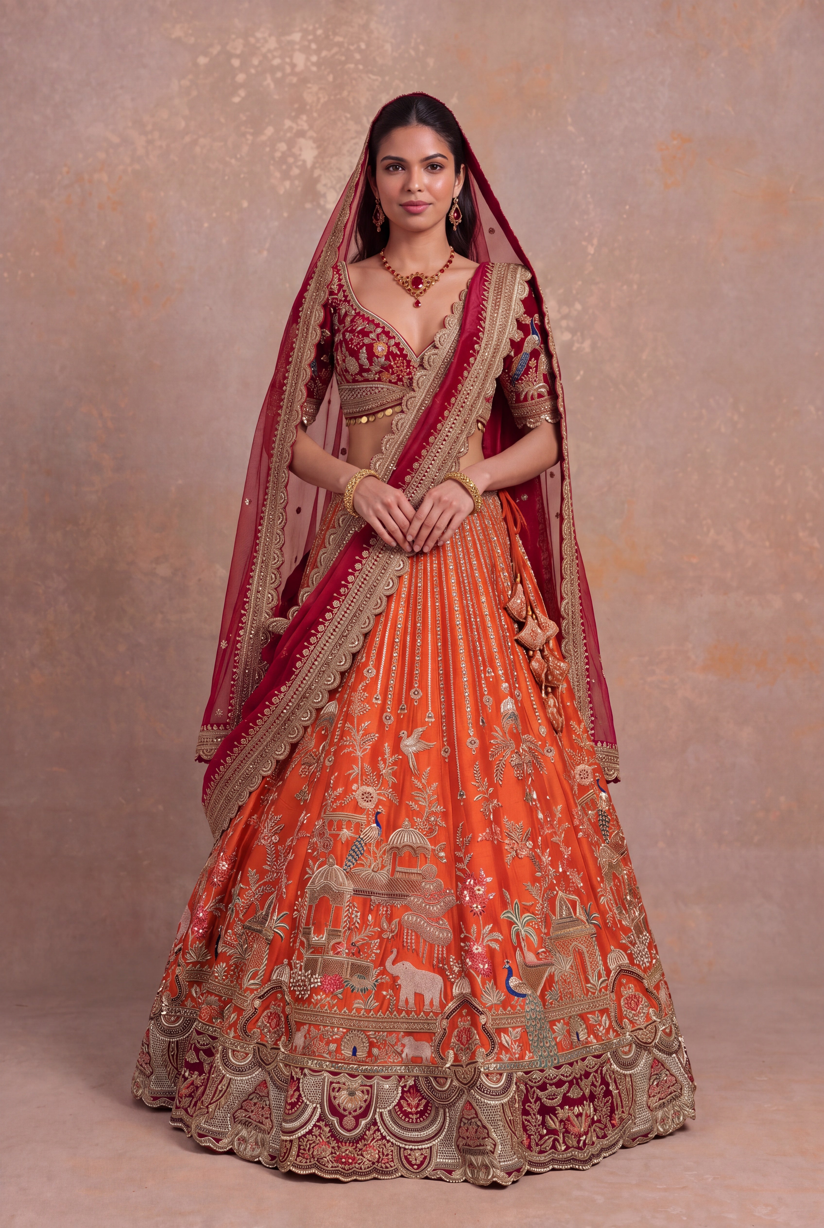 Rust Orange Raw Silk Bridal Lehenga with Zardozi Palace Motifs