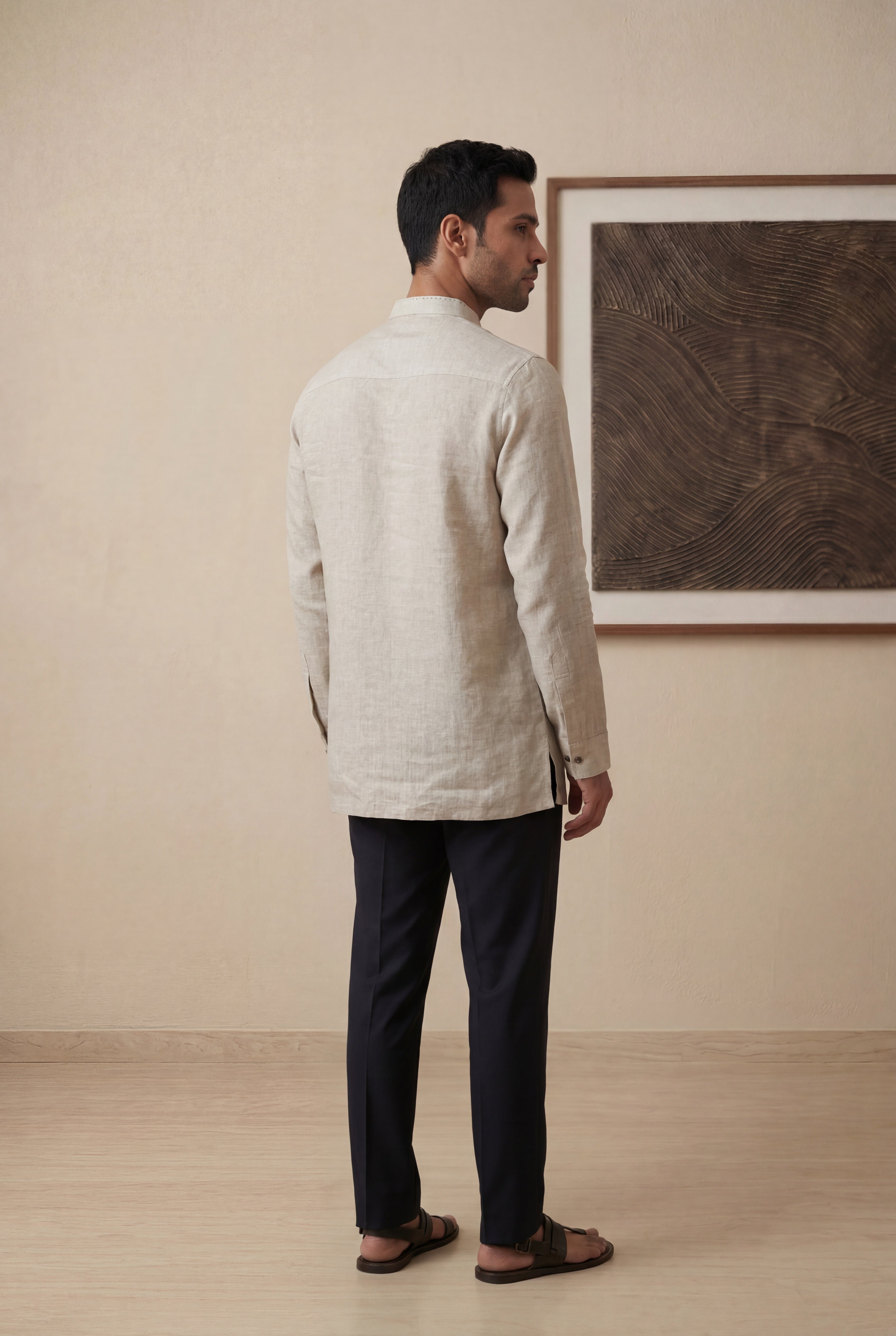 Beige Linen Short Kurta with Thread Detailing