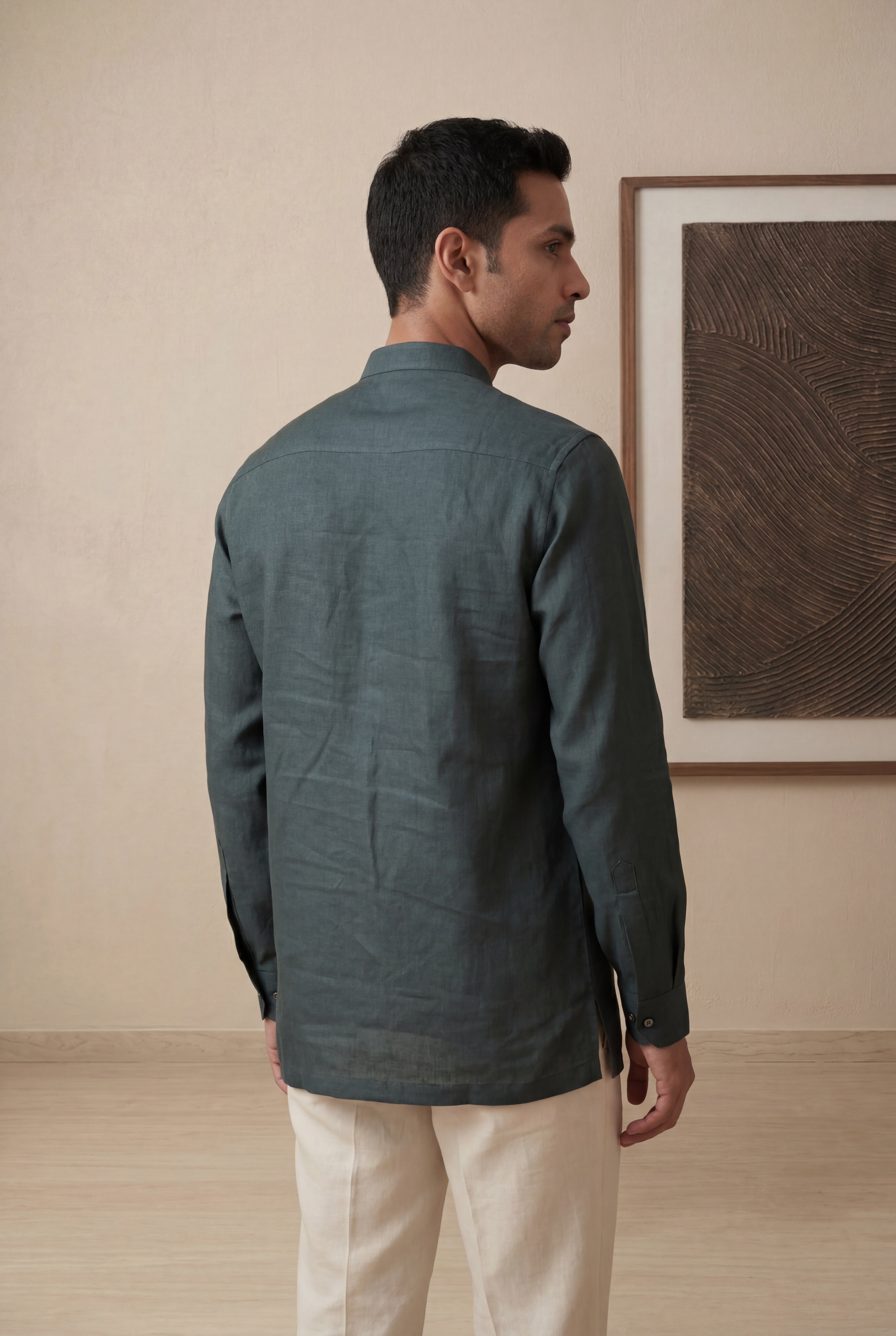 Teal Green Linen Short Kurta with Elephant Embroidery