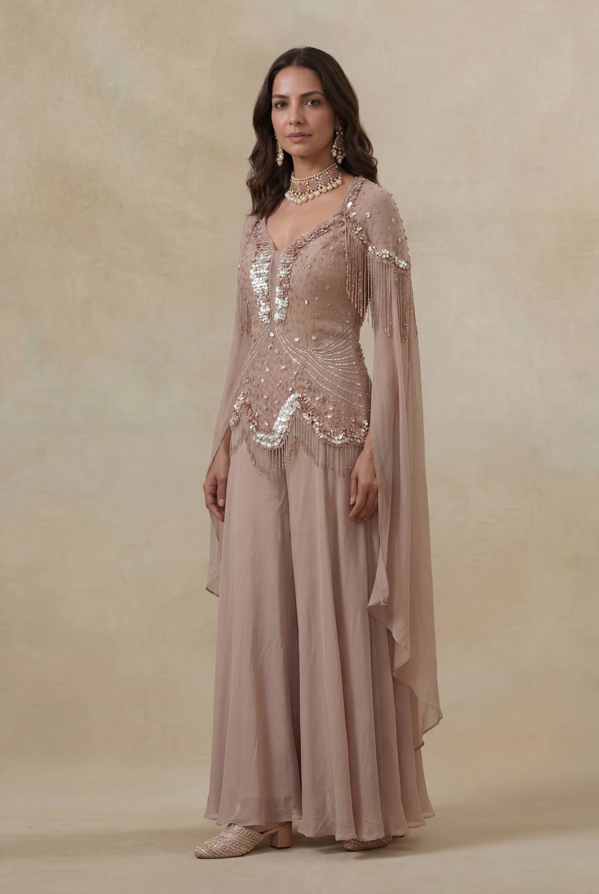 Dusty Mauve Georgette Sequin & Katdana Indo Western Set - Mokshaa