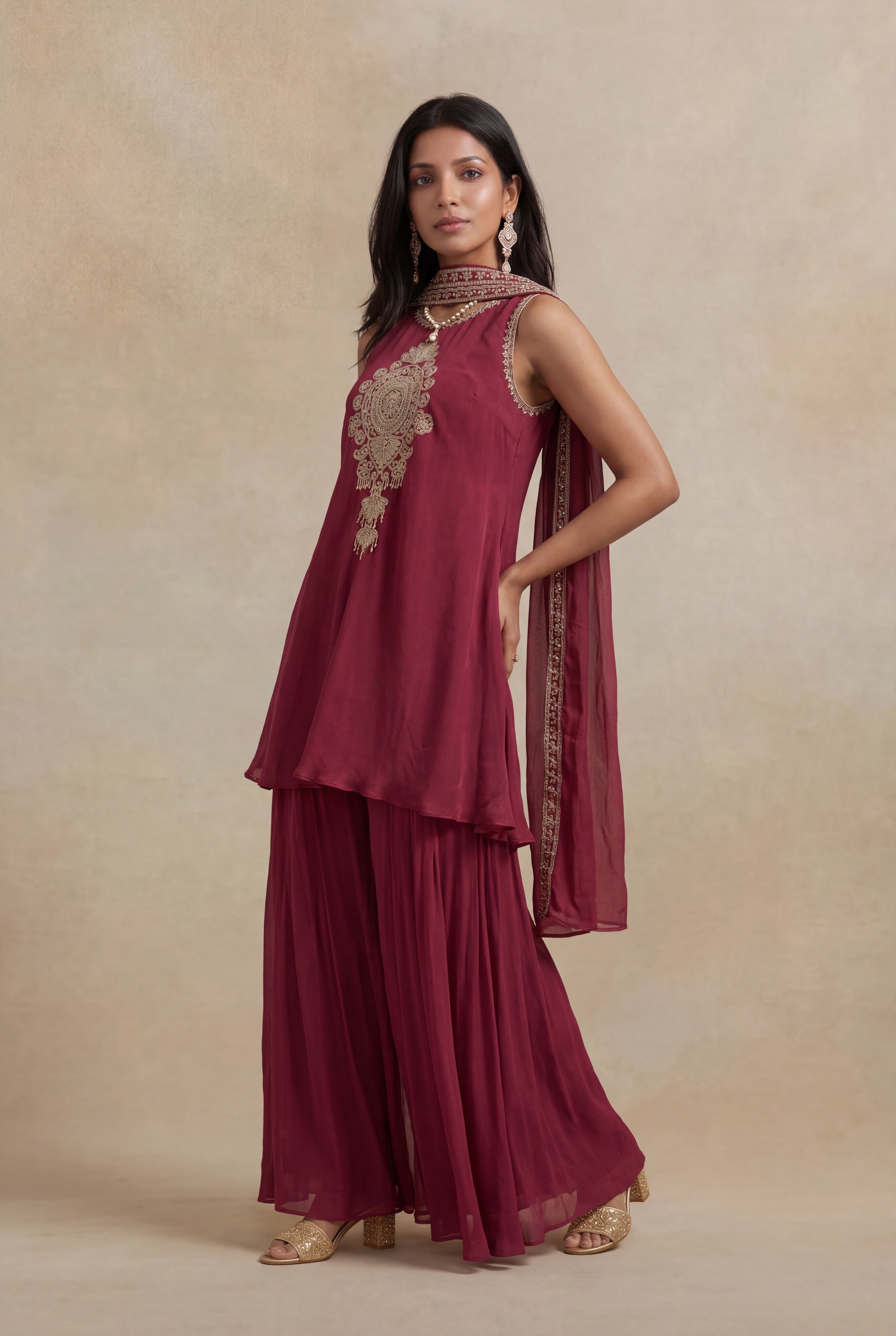Rust Pink Chinon Georgette Indo-Western Kurta Set