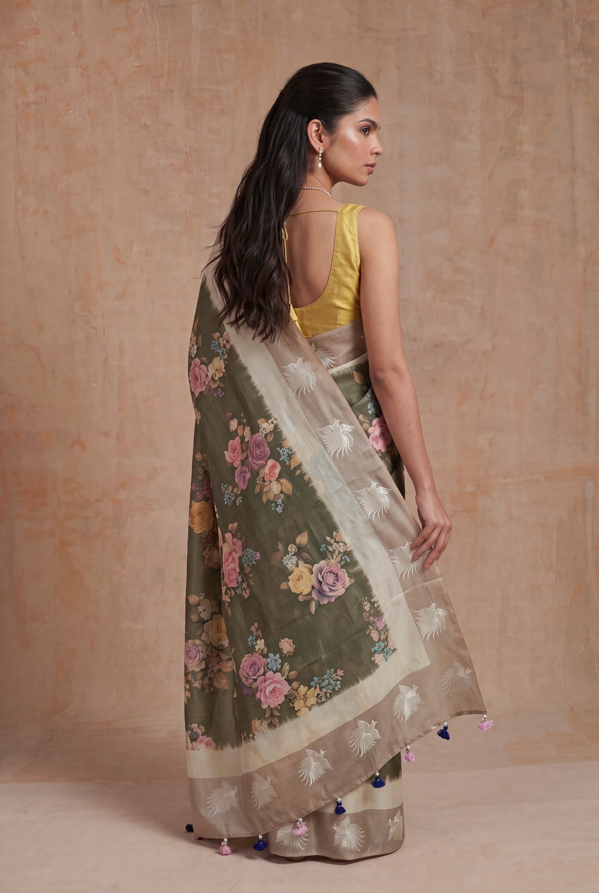 Olive Green Tussar Silk Saree - Mokshaa
