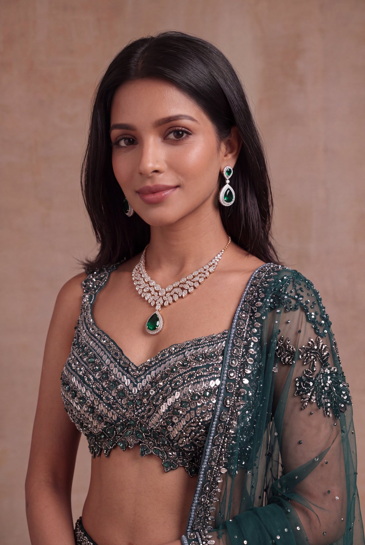 Emerald Green Net Lehenga - Mokshaa