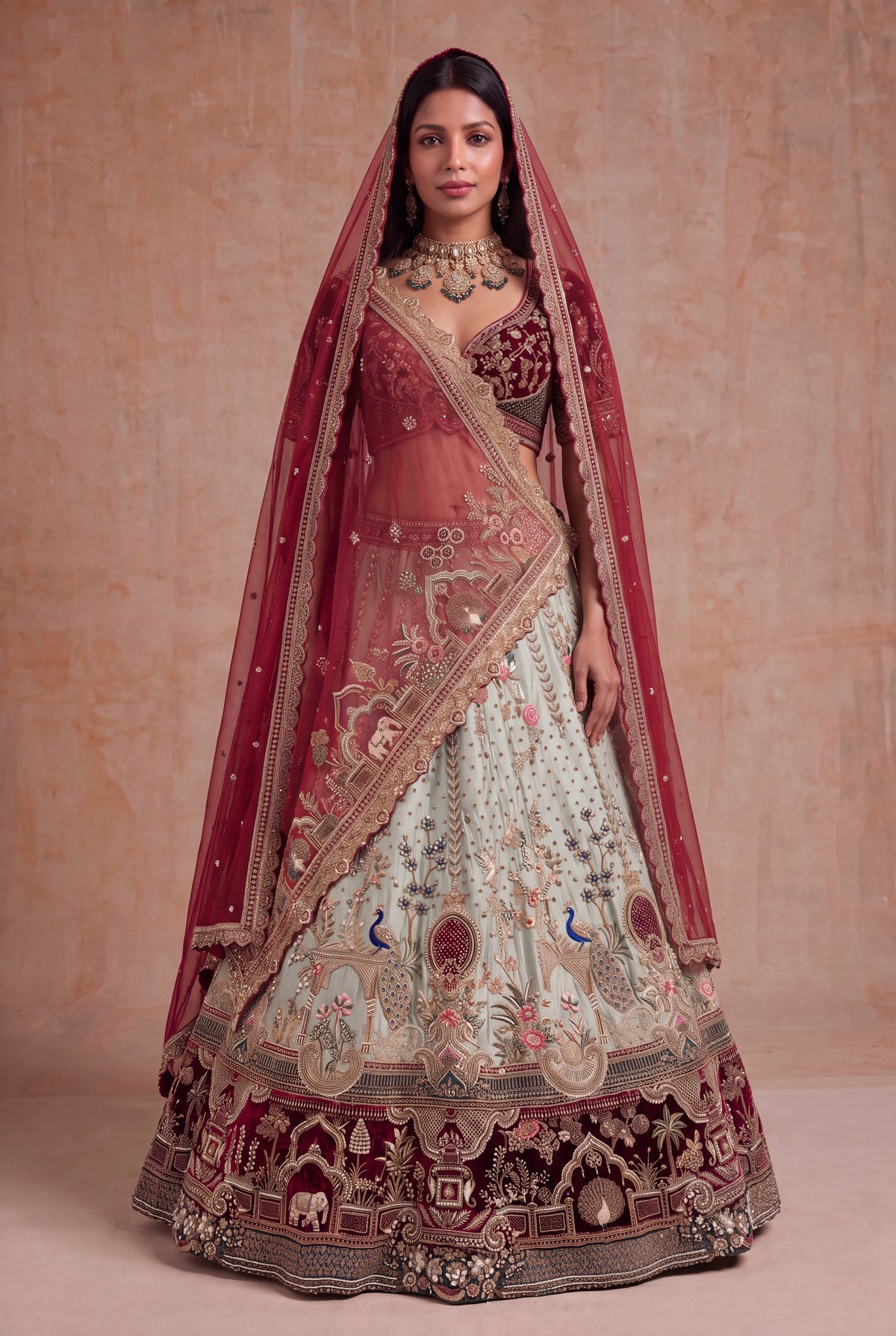 Ivory Raw Silk Lehenga with Zardosi & Pearl Work - Mokshaa