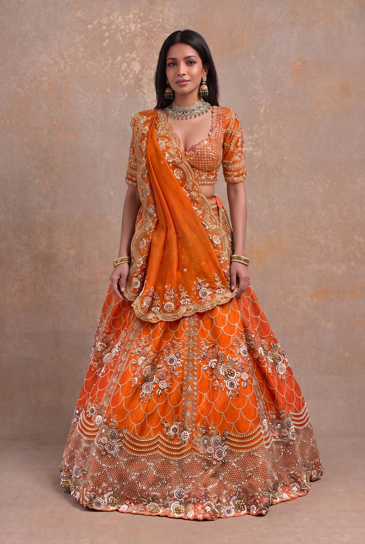 Orange Raw Silk Lehenga - Mokshaa