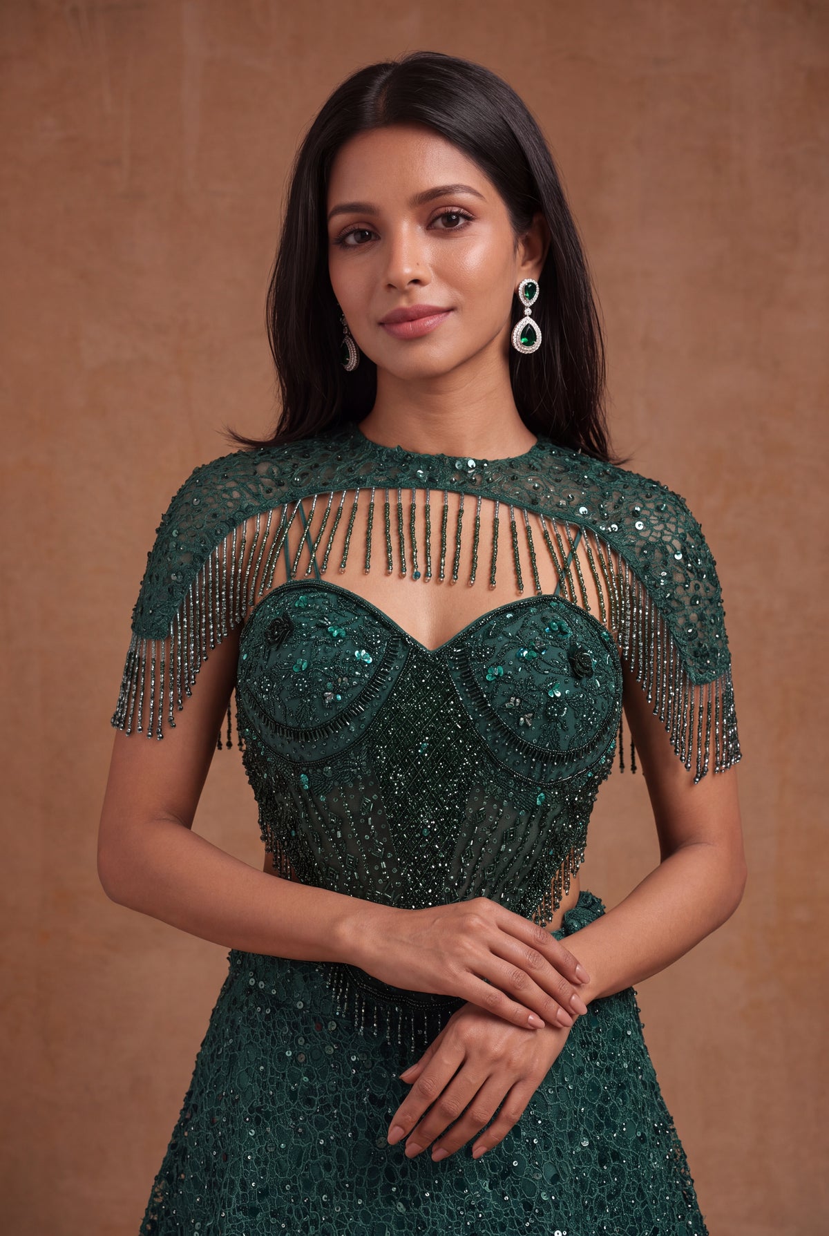 Emerald Green Indo-Western Net Lehenga - Mokshaa