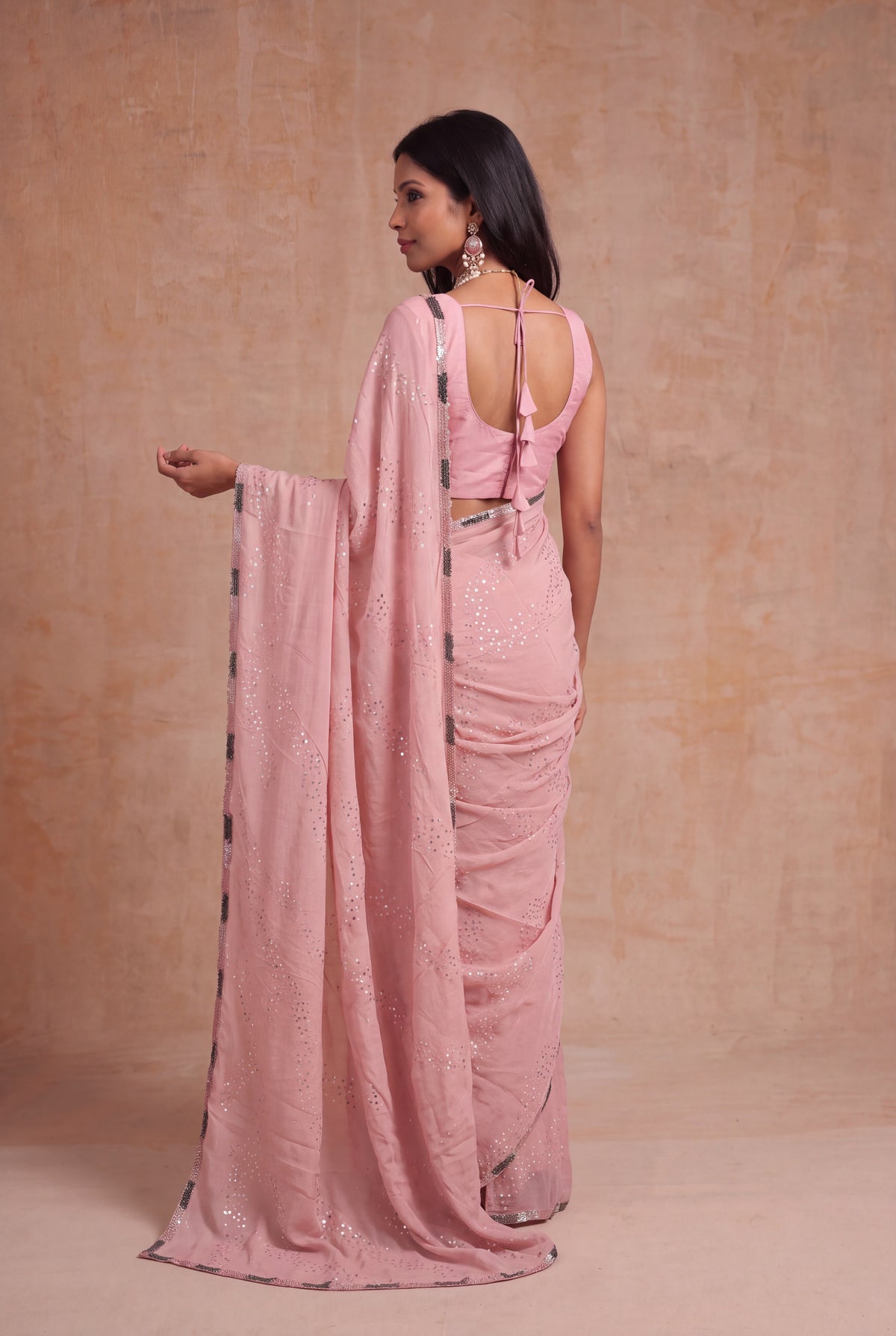 Pink Crush Crepe Saree with Sequin Work - Mokshaa