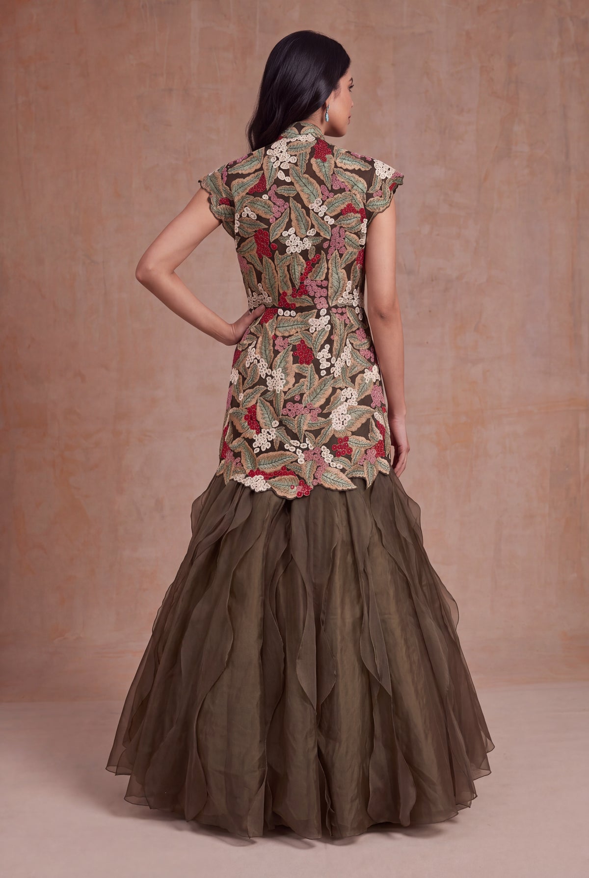 Olive Green Silk & Organza Botanical Embroidery Set - Mokshaa