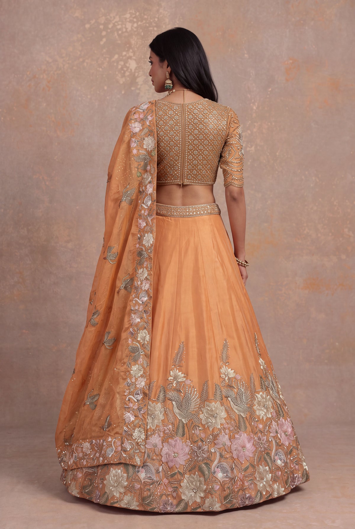 Light Orange Organza Tissue Floral Embroidered Lehenga - Mokshaa