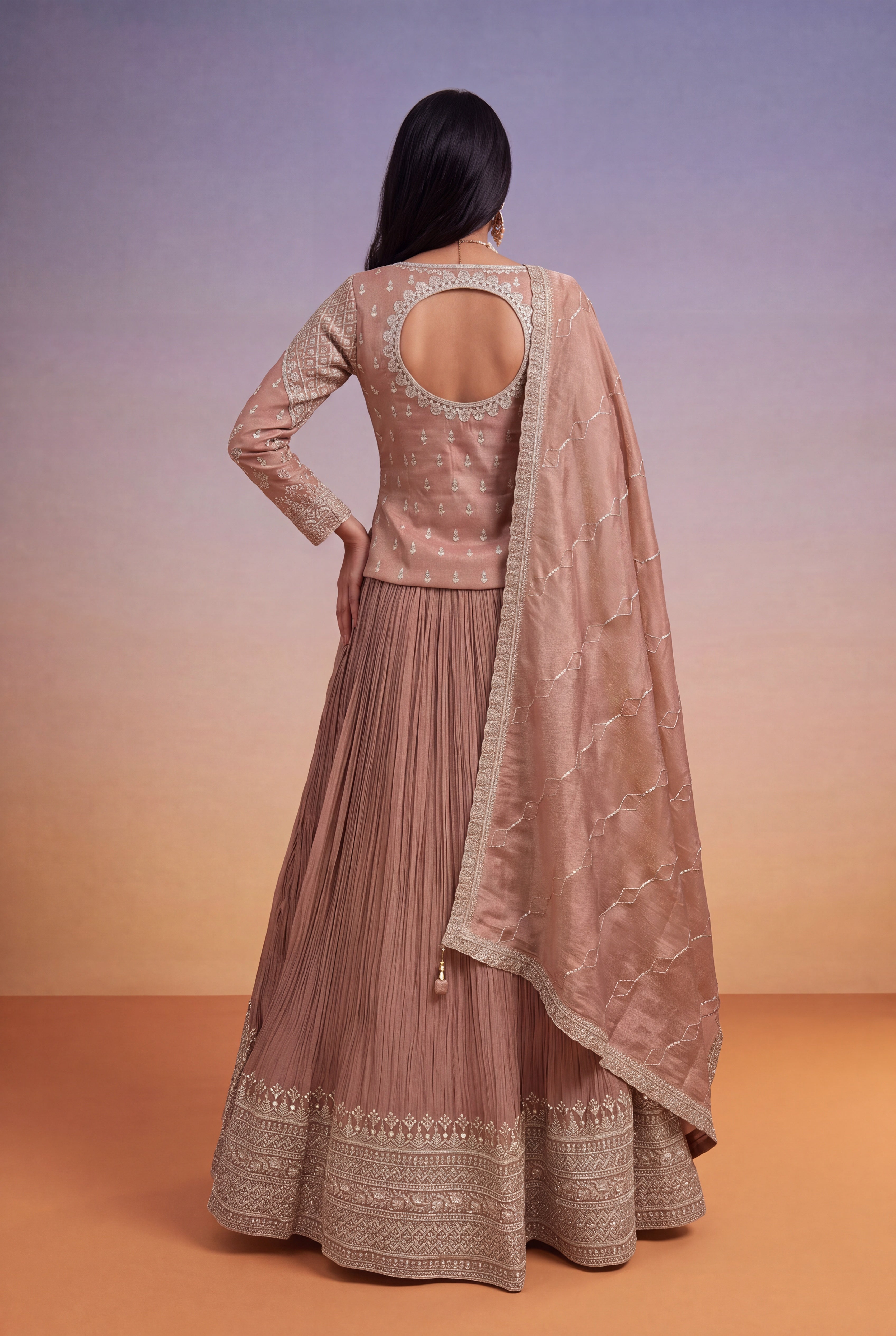 Mauve Chinon Lehenga with Zari-Embroidered Tissue Silk Top