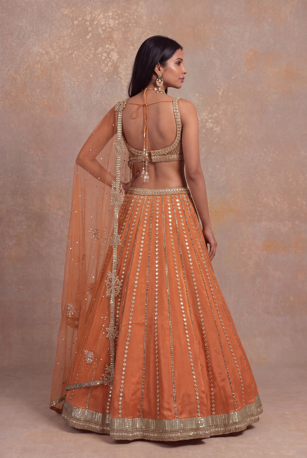 Gold Orange Tissue Lehenga Set with Sequin and Stone Work - Mokshaa