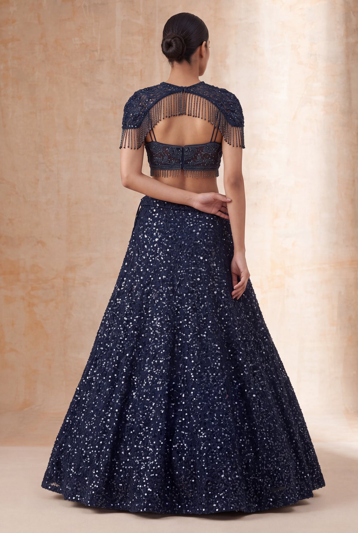Navy Blue Indo-Western Net Lehenga - Mokshaa