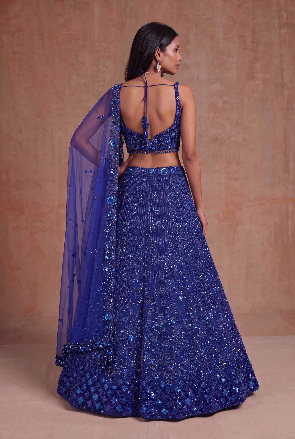 Royal Blue Net Lehenga with Sequin, Kutdana & Stone Embroidery - Mokshaa