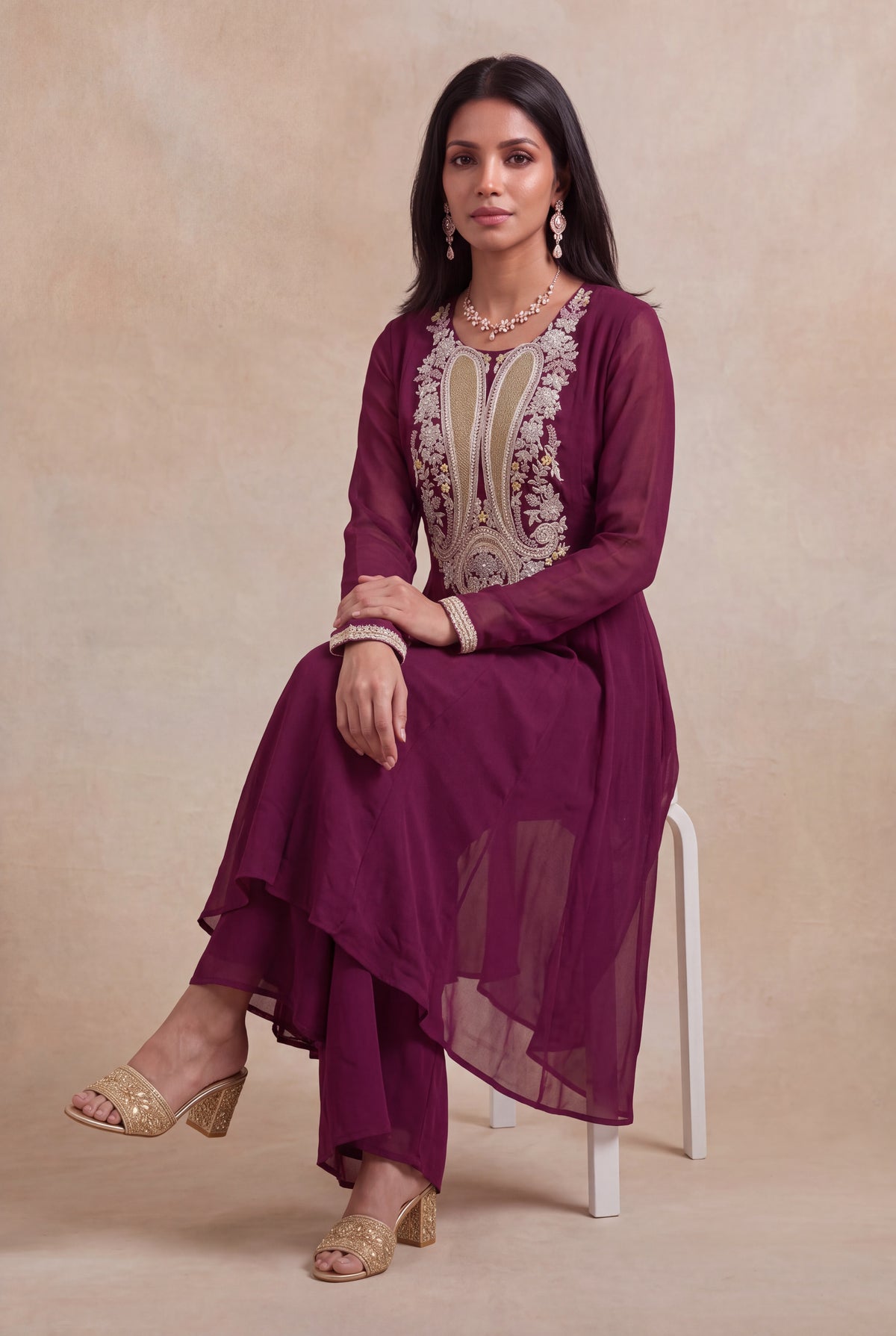 Wine Georgette Indo-Western Set - Mokshaa
