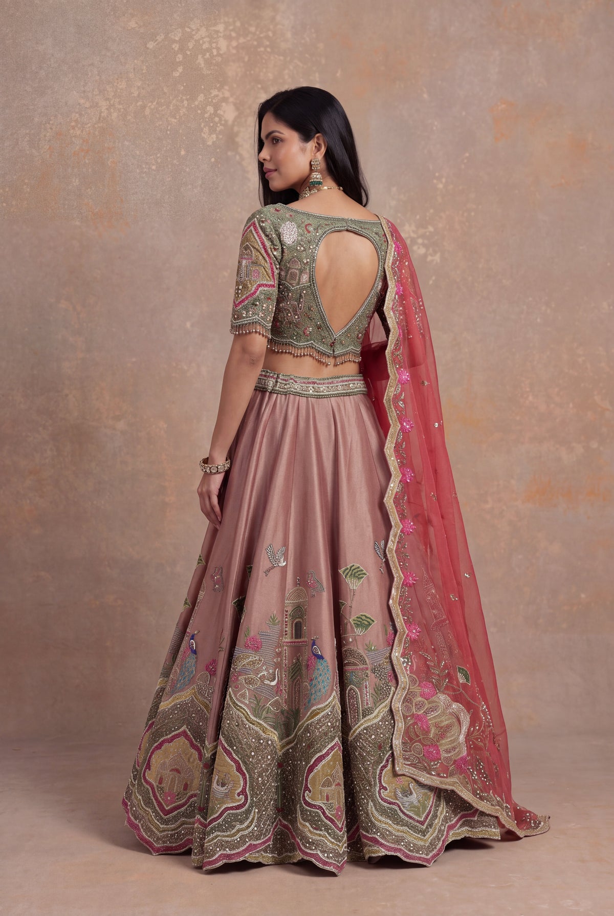Dusty Rose Tissue Lehenga Set with Velvet Applique - Mokshaa
